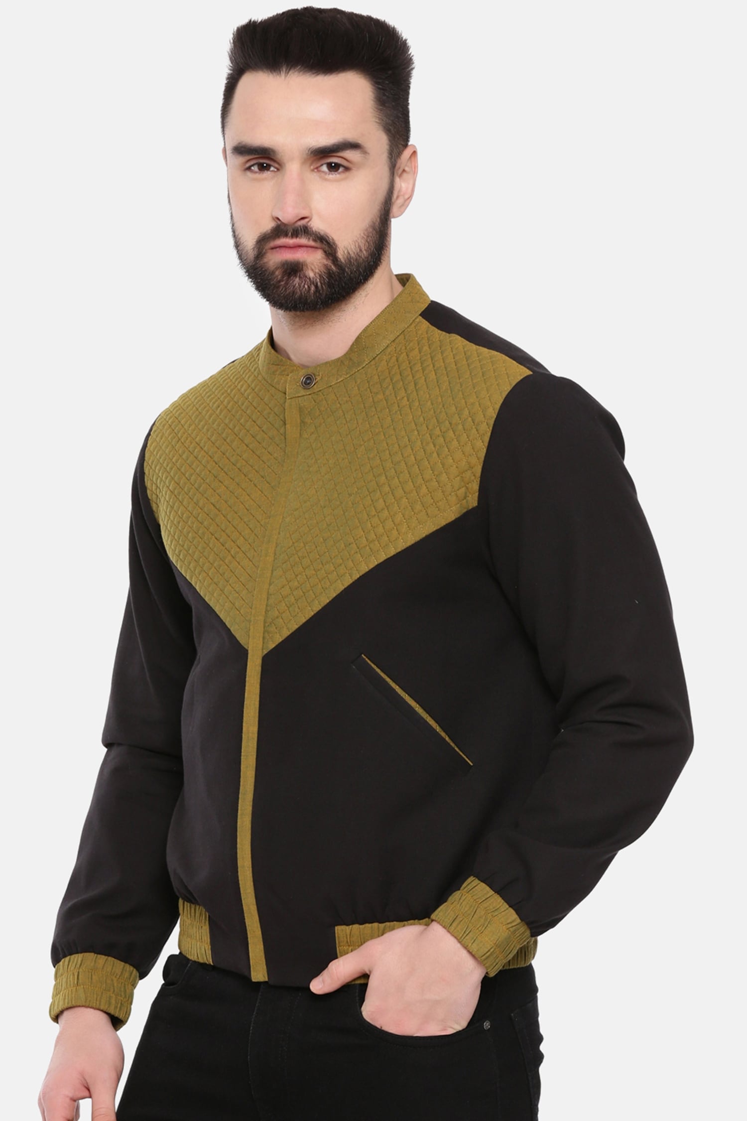 Mayank Modi - Men Black Cotton Solid And Linen Bomber Jacket For Men