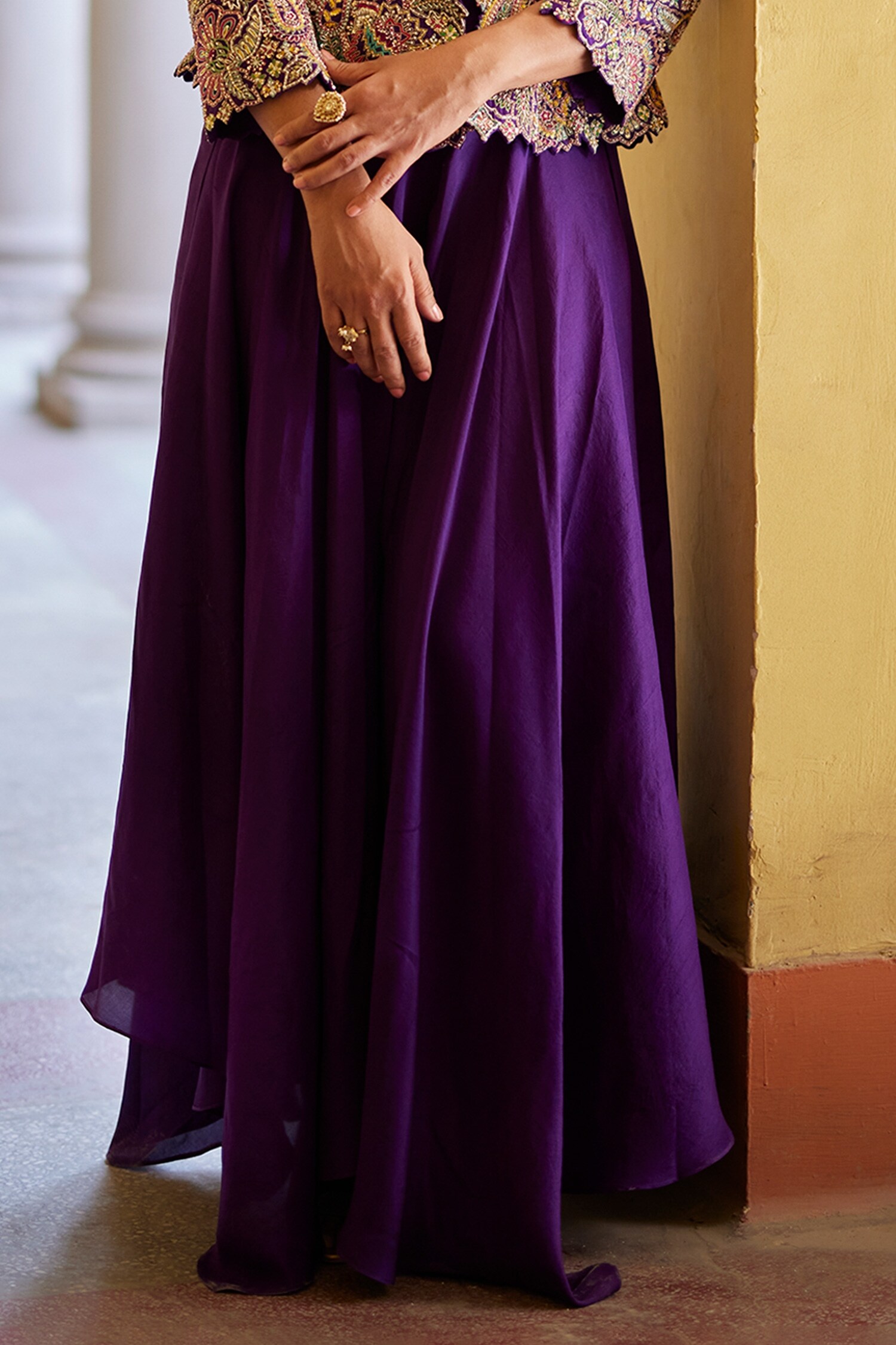 Buy Purple Heavy Cotton Satin Lapel Flared Coat Dress With Mask For Women  by XOXO Apurva Online at Aza Fashions.