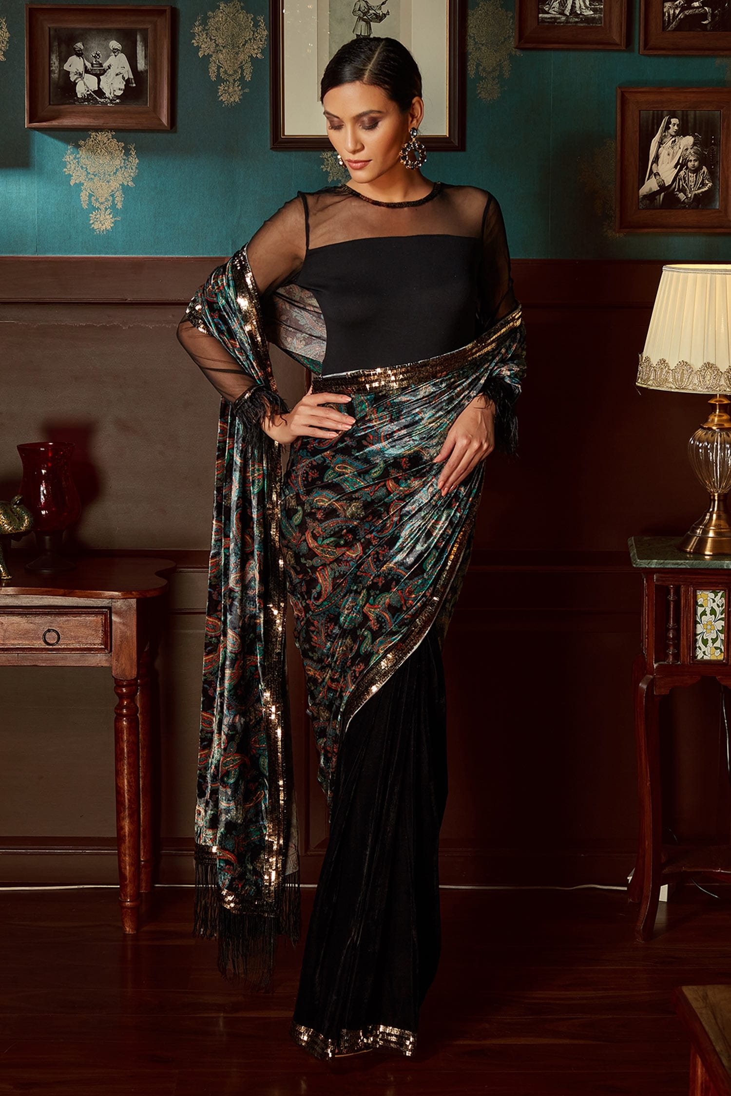Buy Black Velvet Lining Shantoon Pre-stitched Saree With Bodysuit Blouse  For Women by Priyanka Jain Online at Aza Fashions.