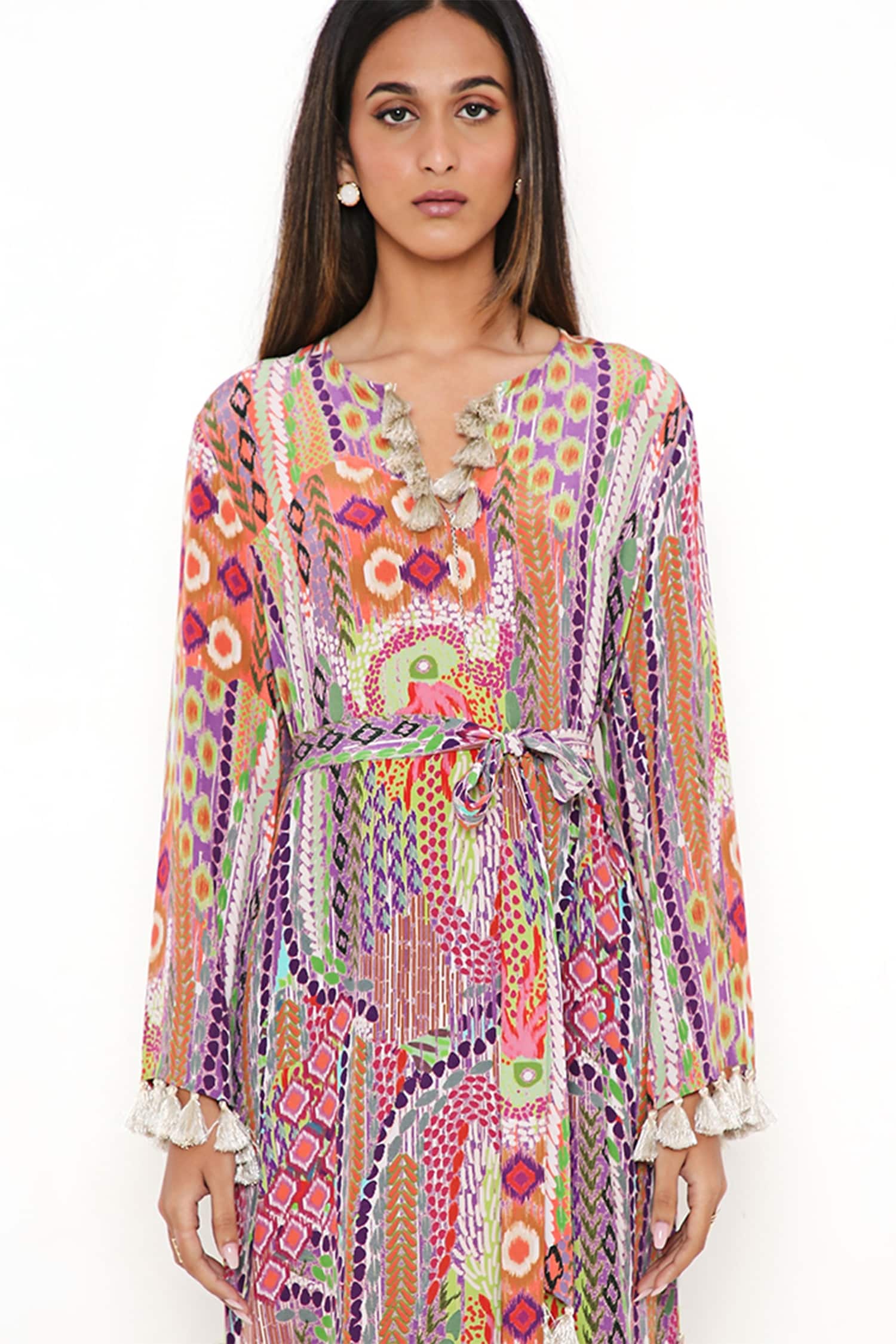 Buy Multi Color Crepe Printed Tassel Round African And Embroidered Kaftan  For Women by Payal Singhal Online at Aza Fashions.