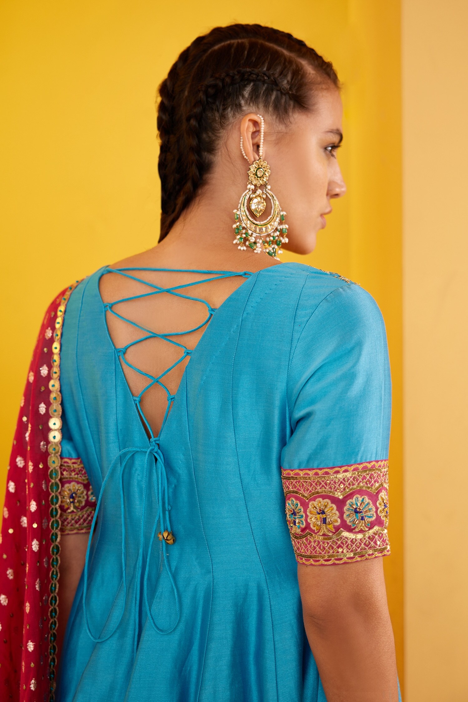 Pratibha Sultania - Blue Anarkali Chanderi Embellished Floral Scoop Neck  Yoke Set For Women