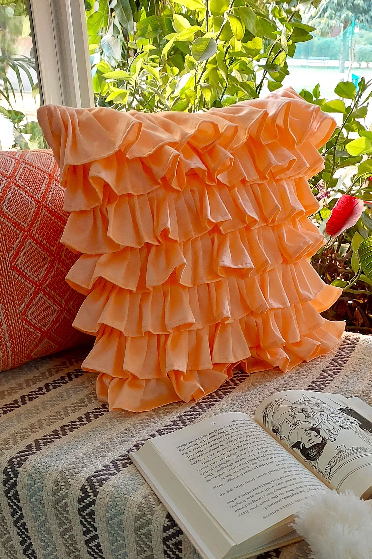 Peach Soft Velour Cushion with Ruffles