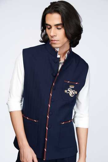 Buy S N By Shantnu Nikhil Blue Suiting Fabric Logo Embroidered buy-s-n-by-shantnu-nikhil-blue-suiting-fabric-logo-embroidered