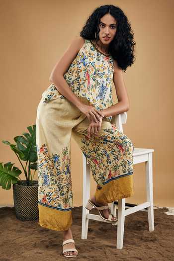 Buy Yellow Cotton, Silk Embroidery Round Bird And Tile Print