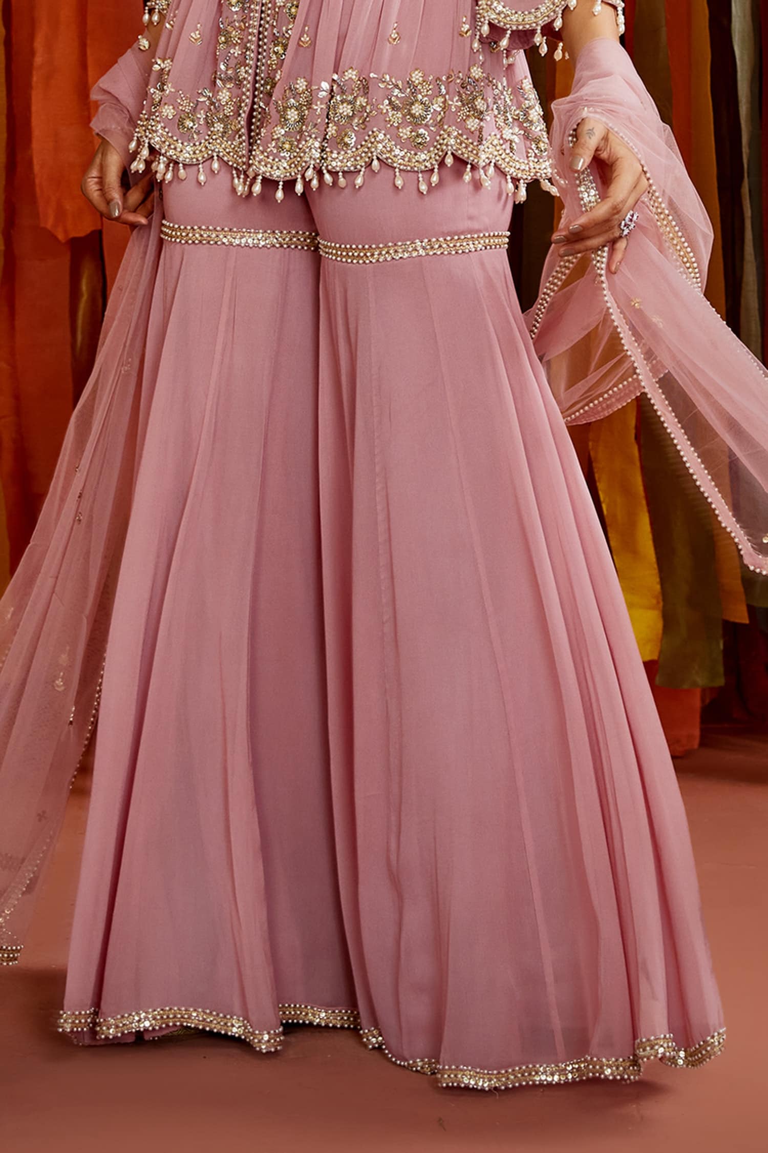 Shop Designer Sanya Gulati Pink Gathers Peplum and Pants Set