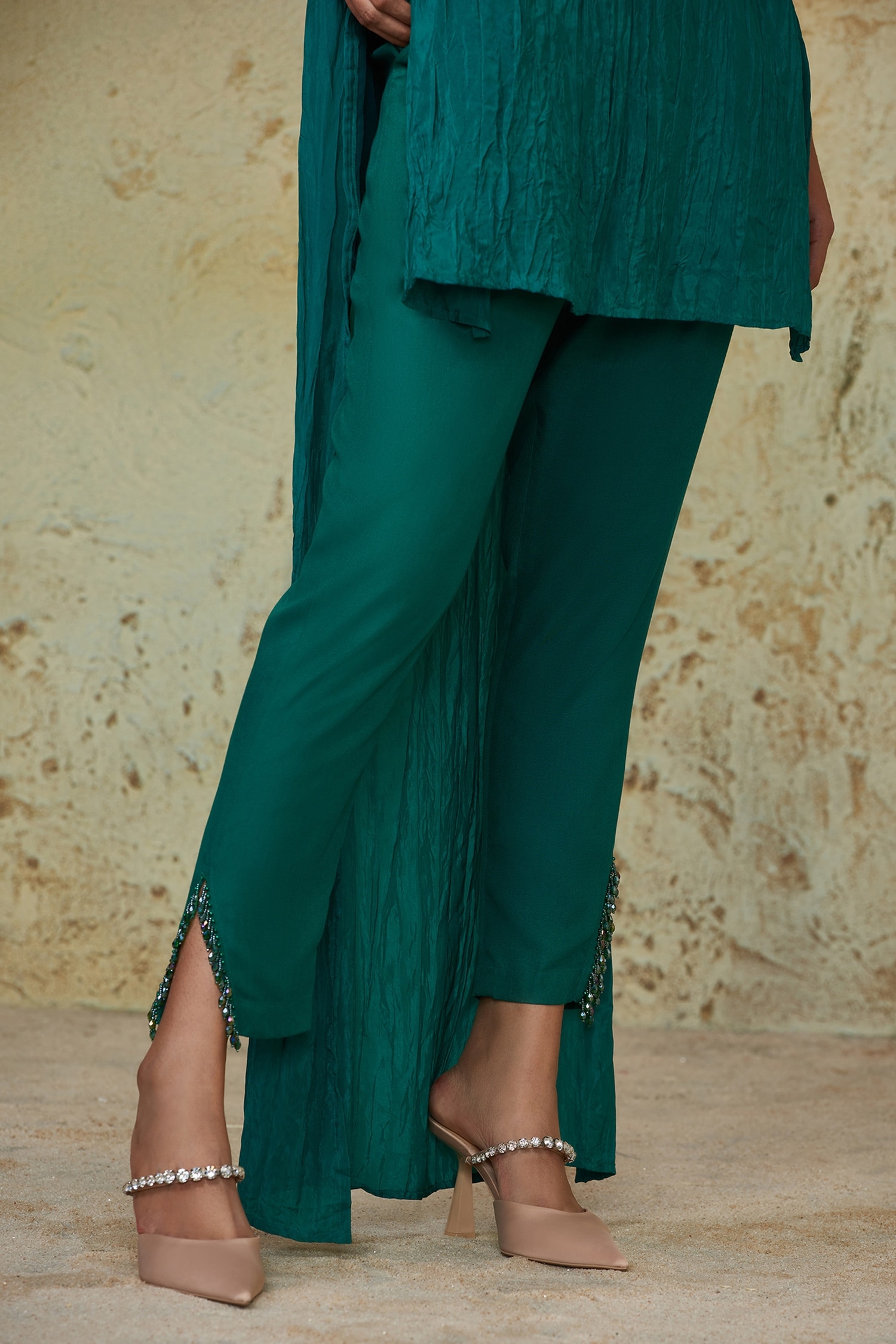 Style Junkiie - Green Heavy Georgette Embellished Beaded Lace Slit Trousers  For Women