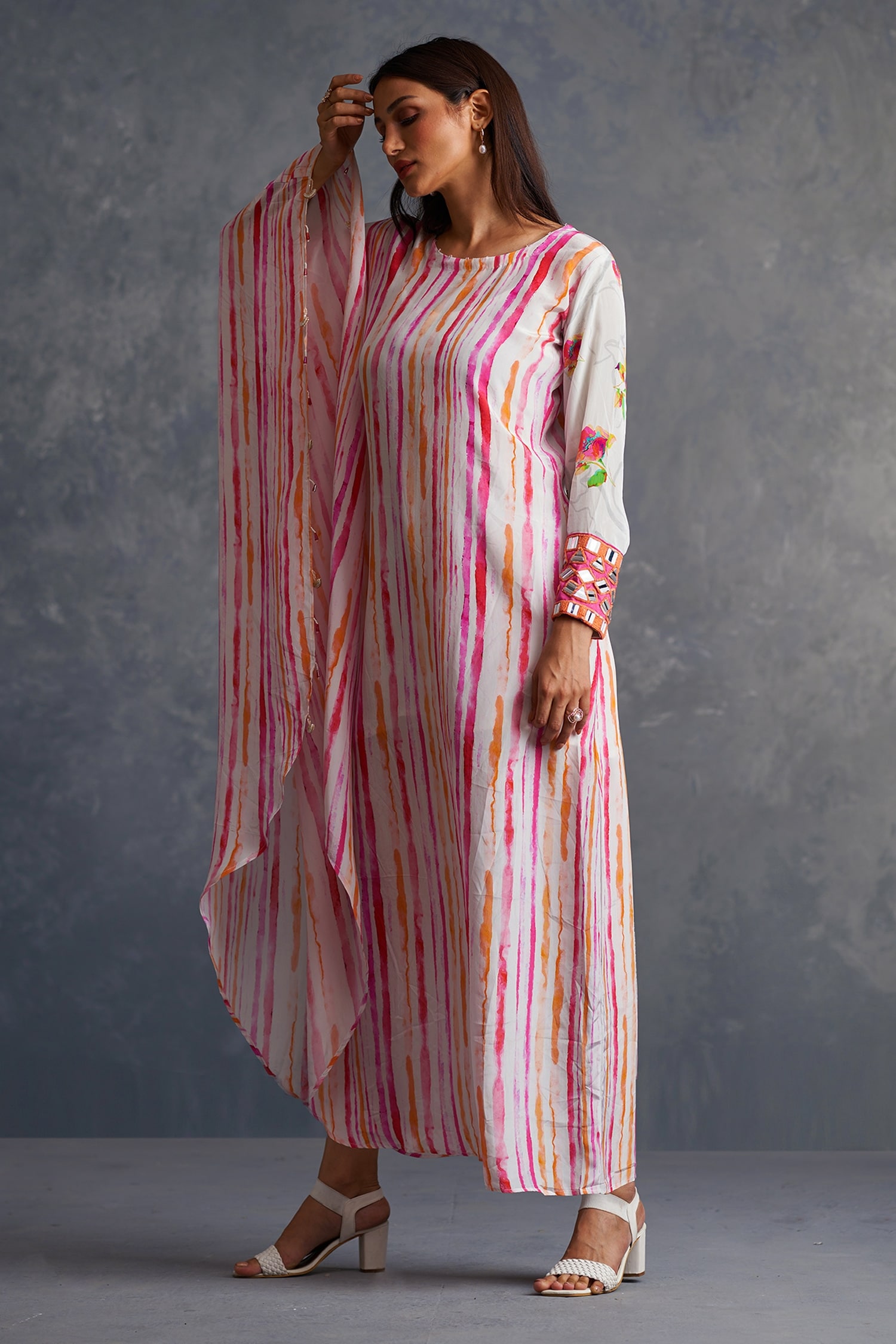 Buy White Viscose Crepe Printed Floral Round Striped Asymmetrical