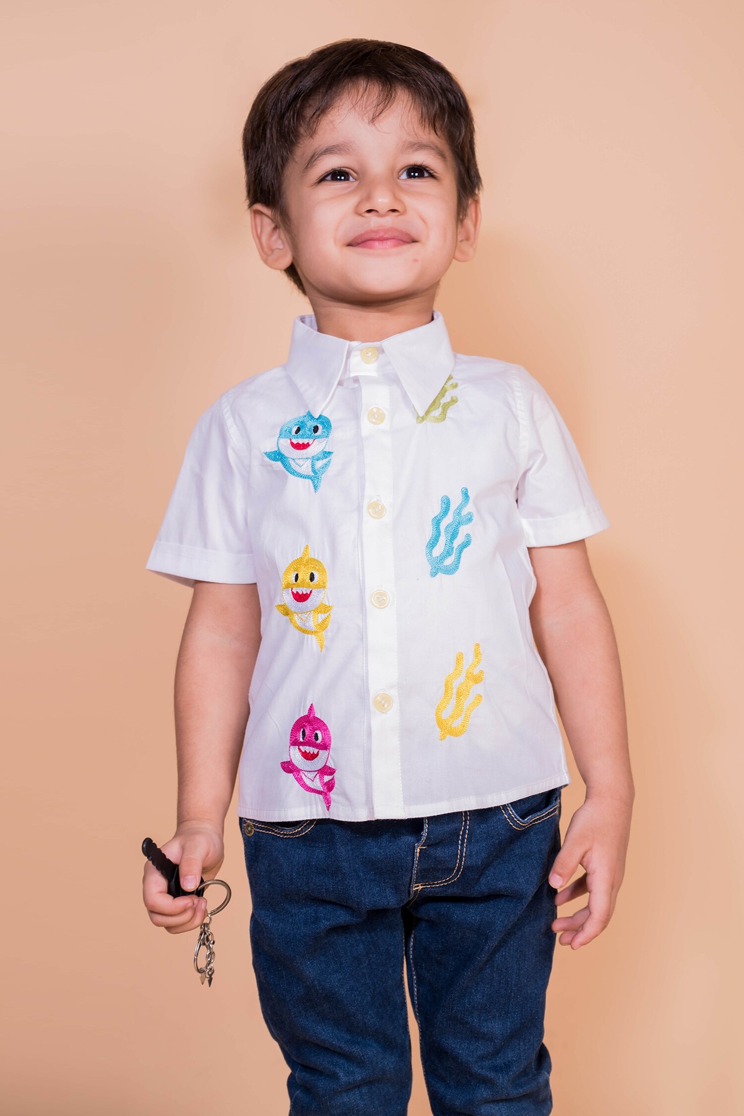 Toplove White Cotton Embroidery Baby Shark Shirt For Boys| Aza Fashions| Party