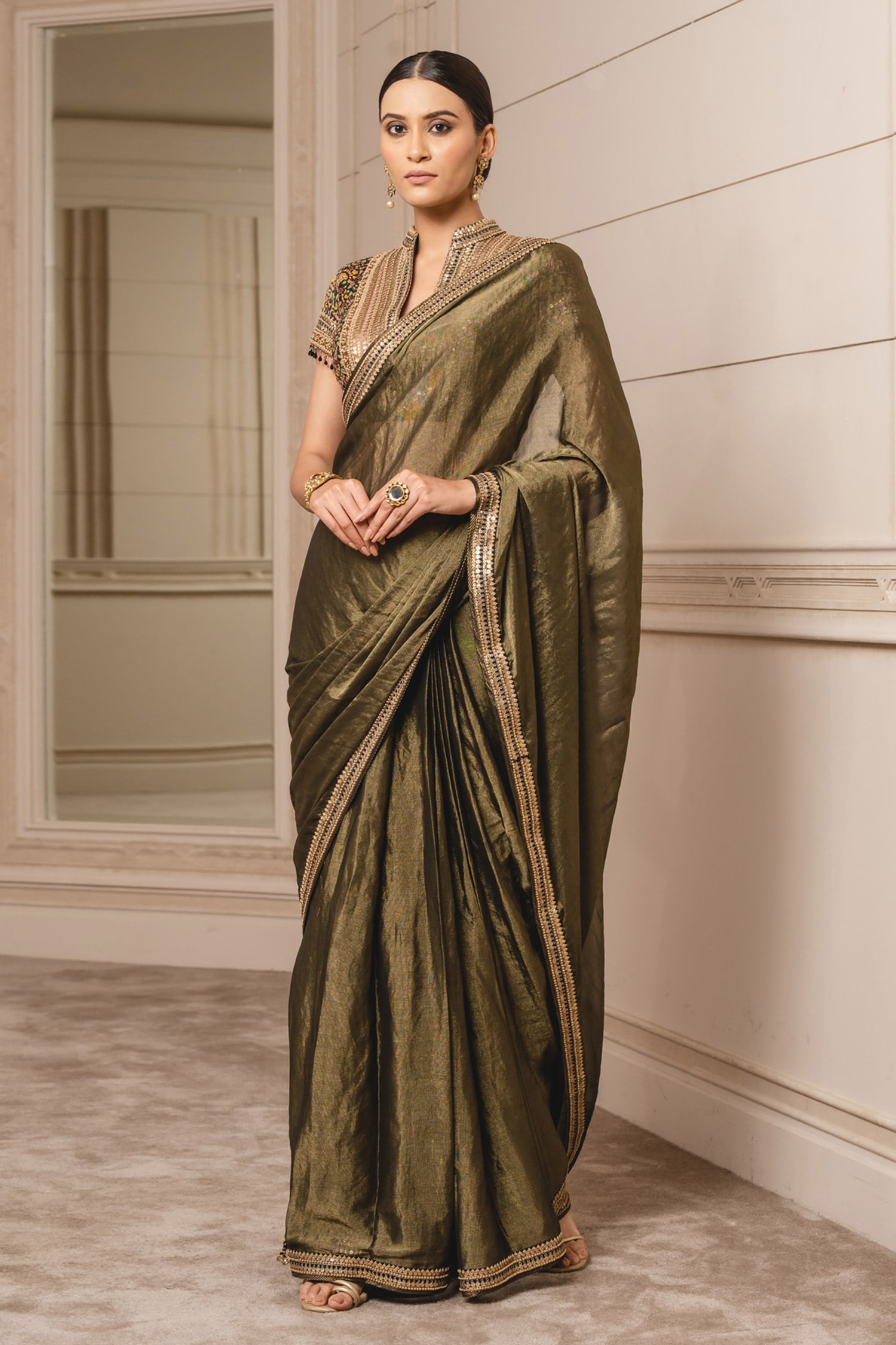 Buy Olive Green Saree Comes with an Embroidered Blouse by PUNIT