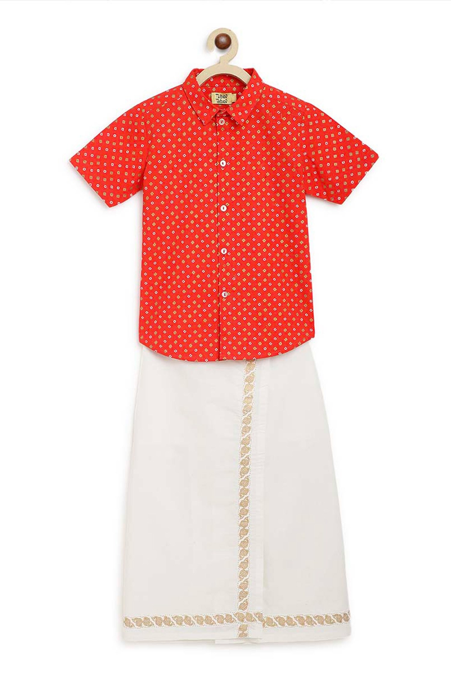 Tiber Taber - Red 100% Cotton Bandhani And Fish Shirt & Mundu Dhoti Set For  Boys