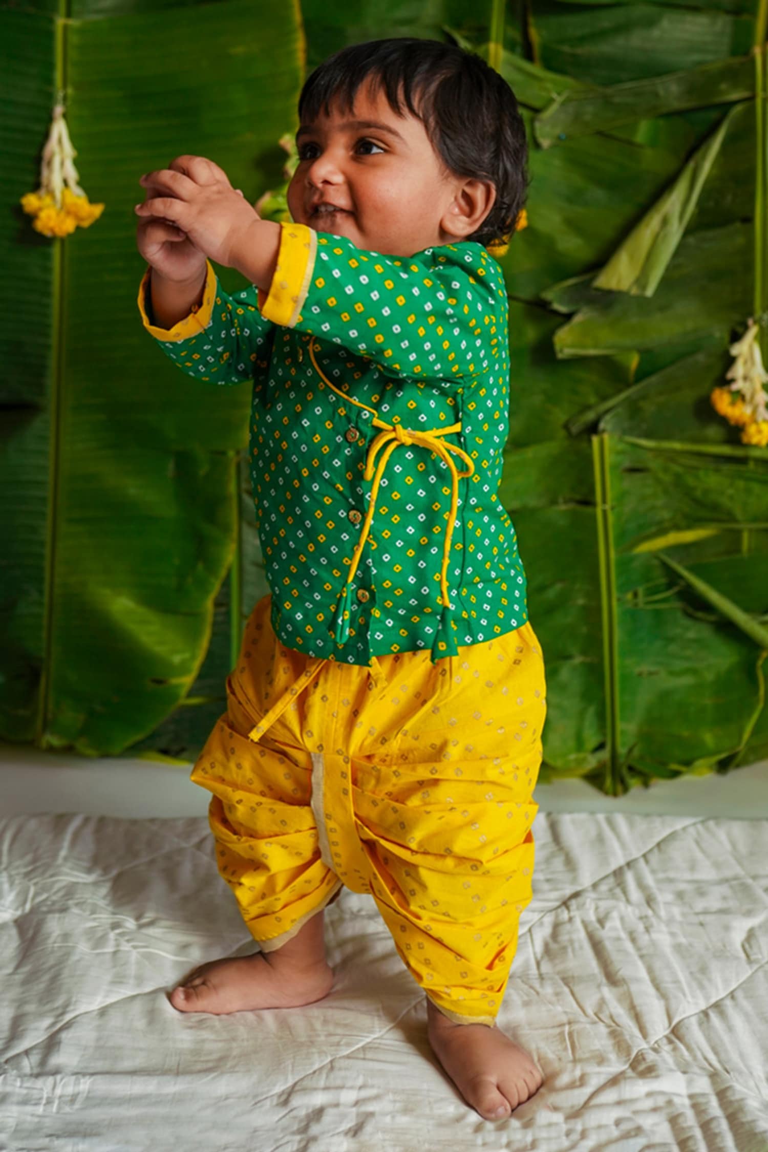 Yellow and Green Bandhani Co-ord dhoti pant set – Glitzy Nangai
