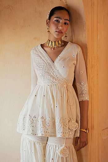 Buy Off White Cotton Embroidery, Mirrors V-neck Peplum Top Sharara