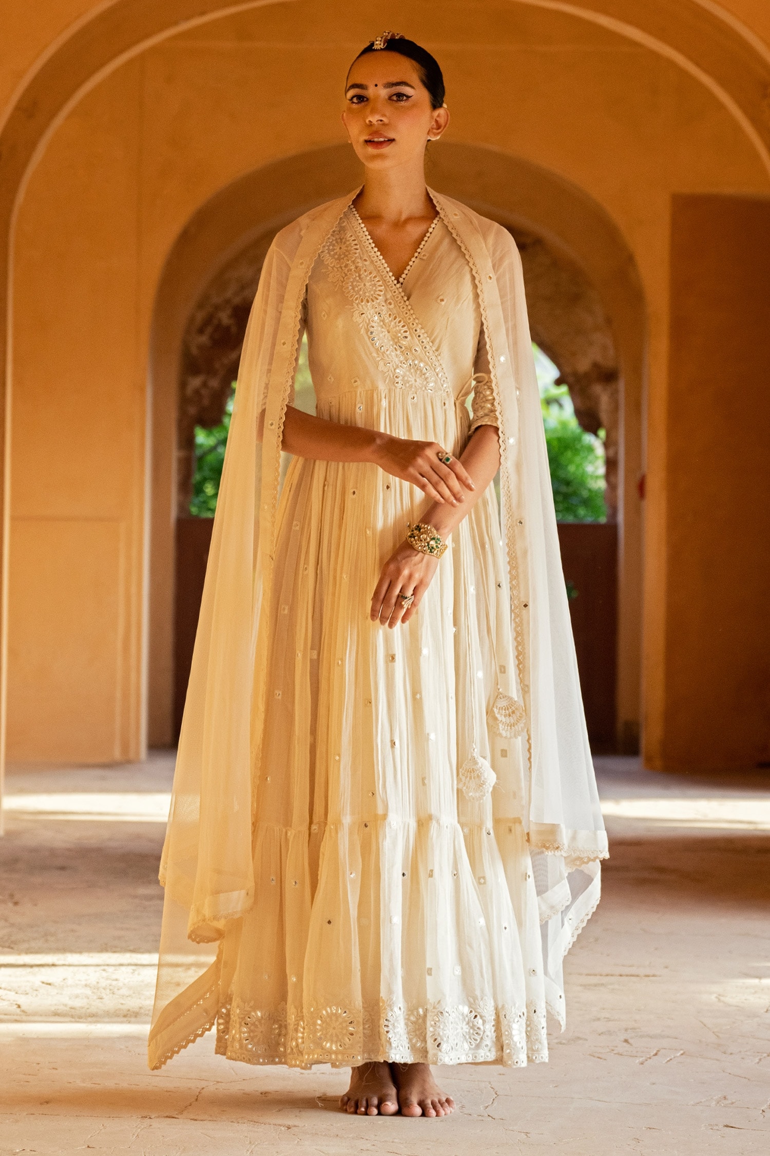 Buy Off White Angrakha Cotton Mulmul And Dupatta Ruffle Hem Anarkali With  For Women by PREEVIN Online at Aza Fashions.