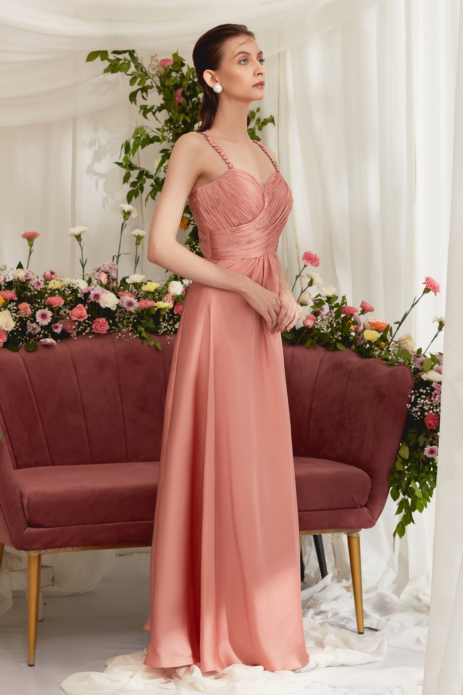 Buy Peach Luxury Crepe Satin Plain Sweetheart Neck Aria Ruched Flared Gown  For Women by Zosia Online at Aza Fashions.