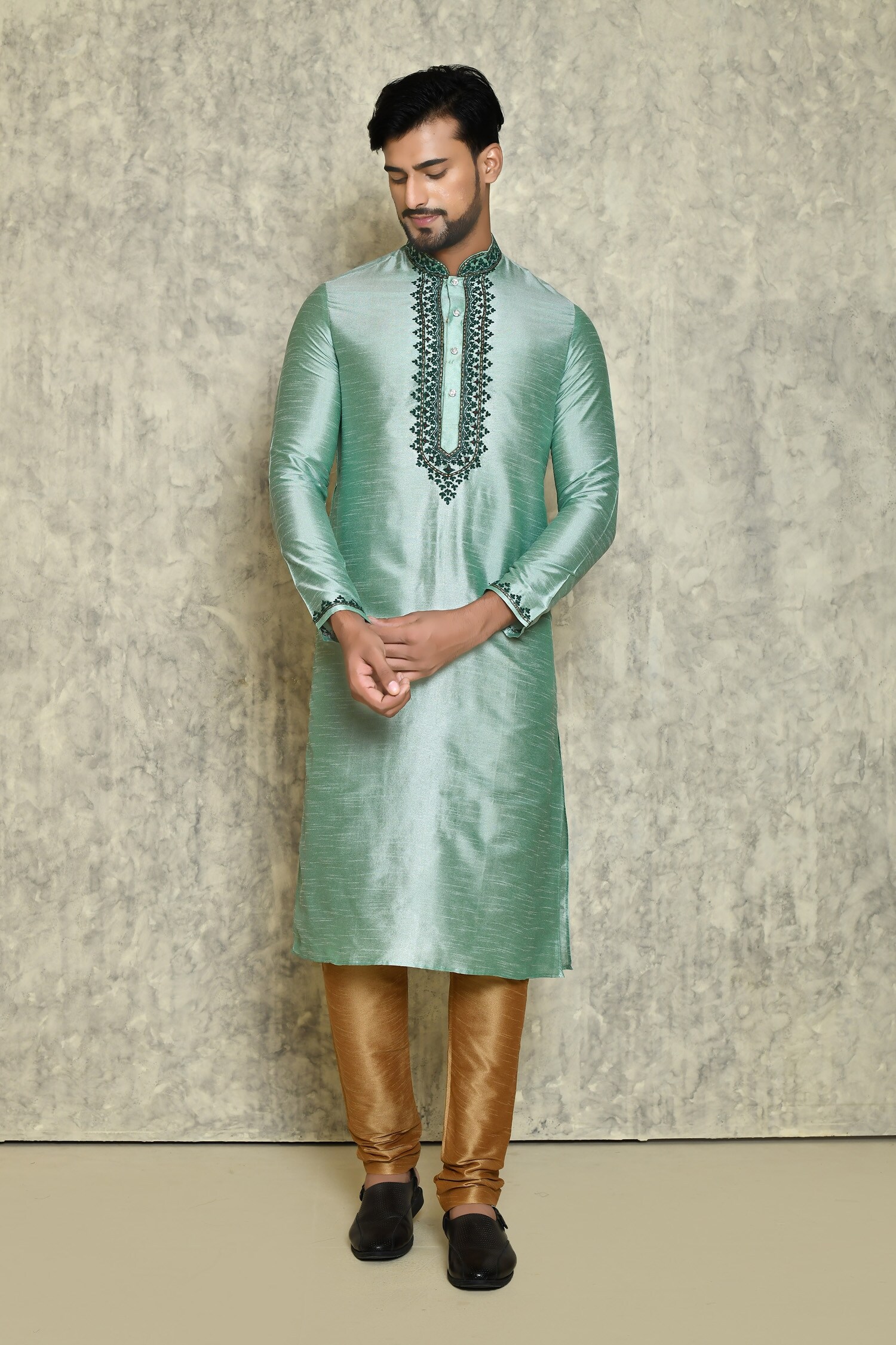 Buy Arihant Rai Sinha Green Art Silk Dupion Mandarin Collar Kurta Set ...