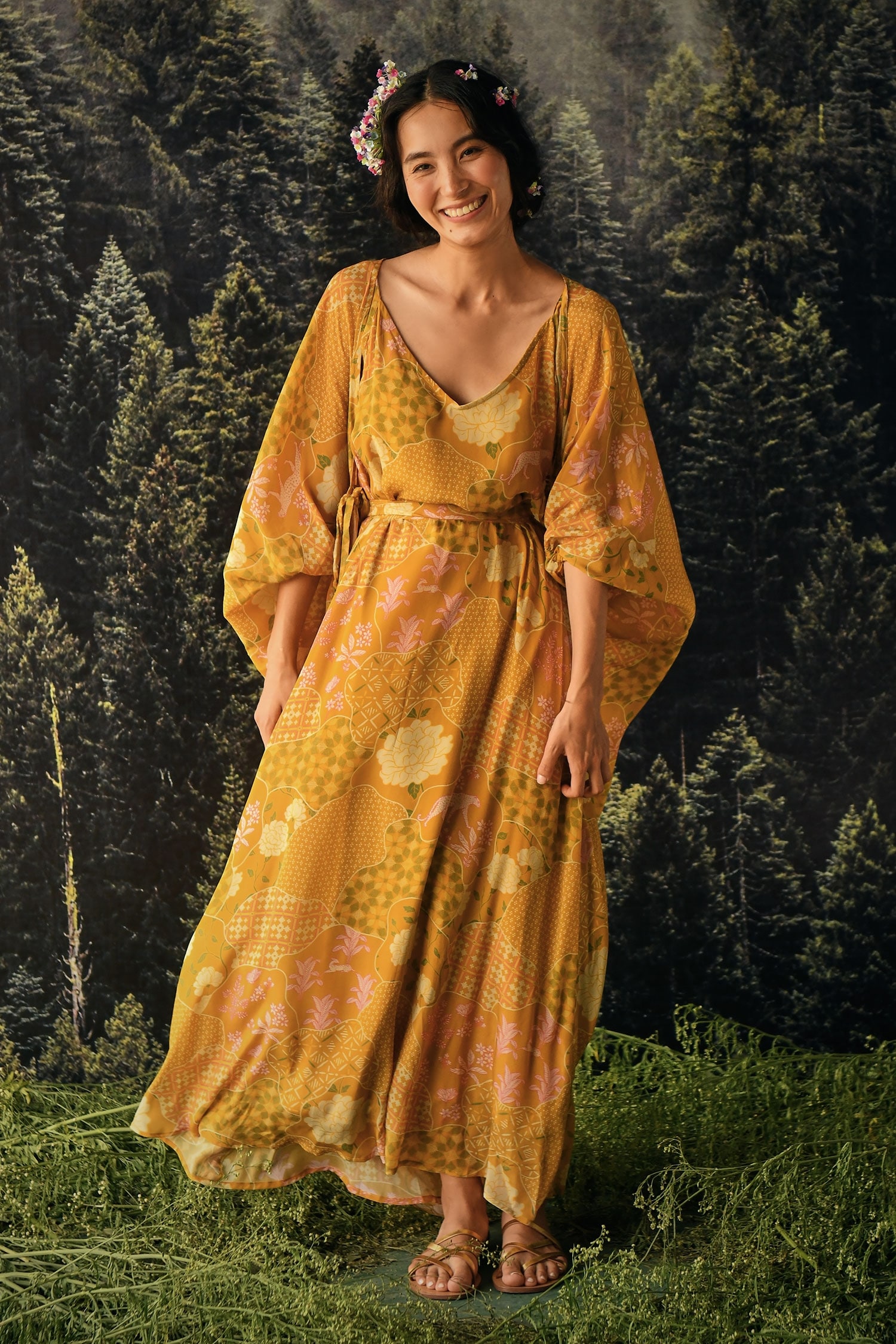 Buy Yellow Jacket Organza And Maxi Dress Crepe Print Strappy With