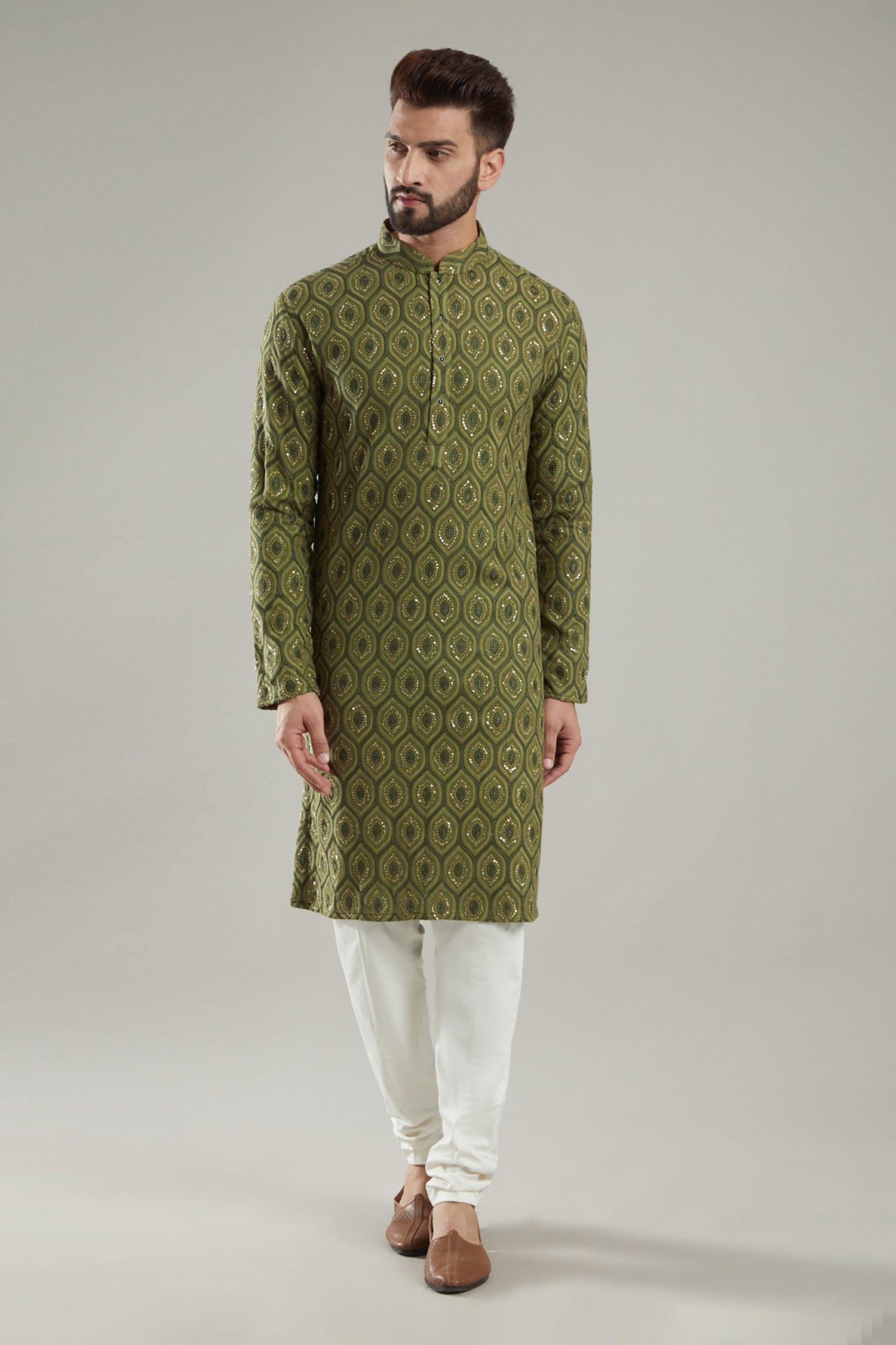 Buy Green Silk Embroidered Floral Mandarin Collar Kurta For Men by