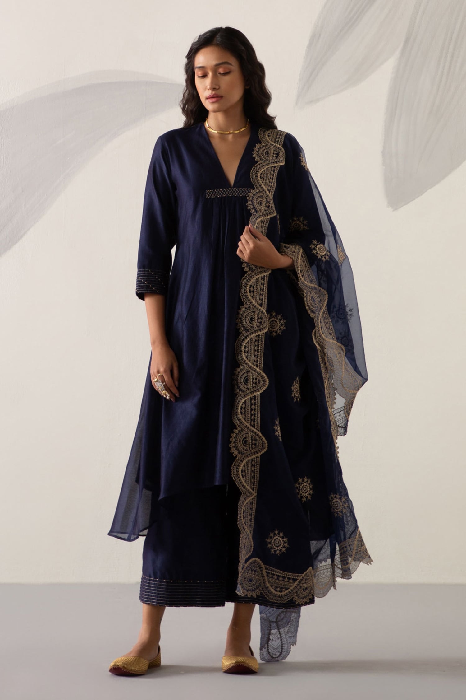 Buy Blue Silk Chanderi Embroidered Zari Work V Neck Anarkali Palazzo ...