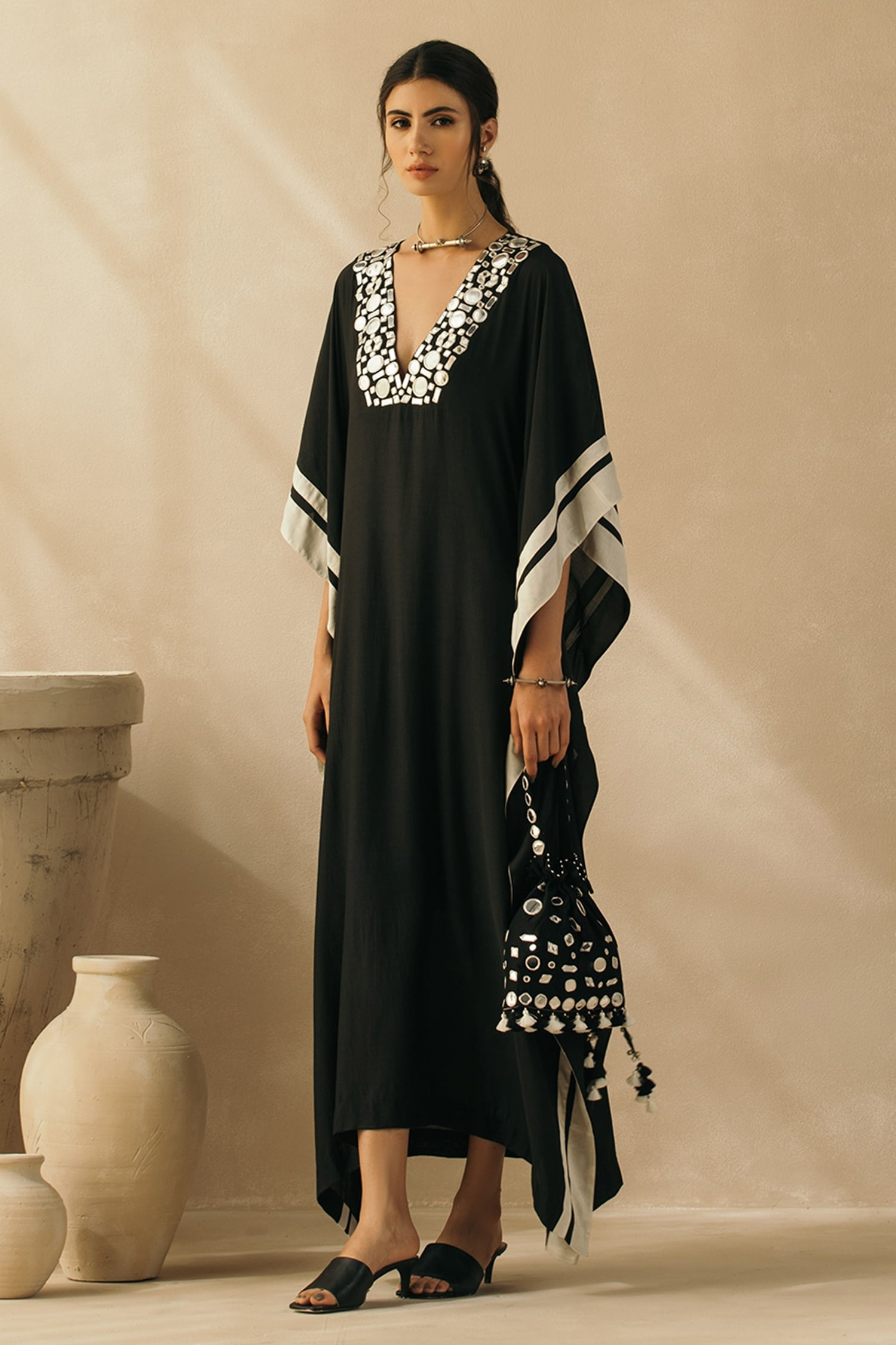 Buy Sureena Chowdhri Black Silk Muslin Mirror Embroidered Kaftan Online ...