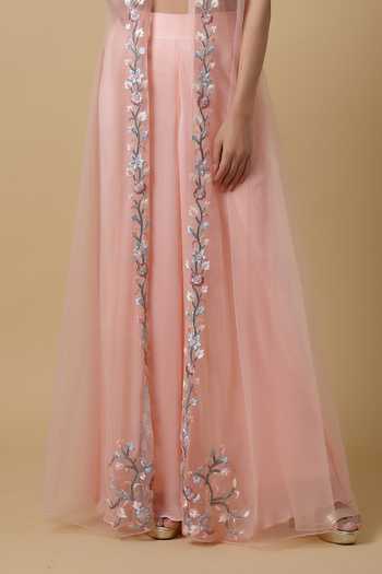 Pink Zari Embroidered Jacket With Blouse And Palazzo - Rent