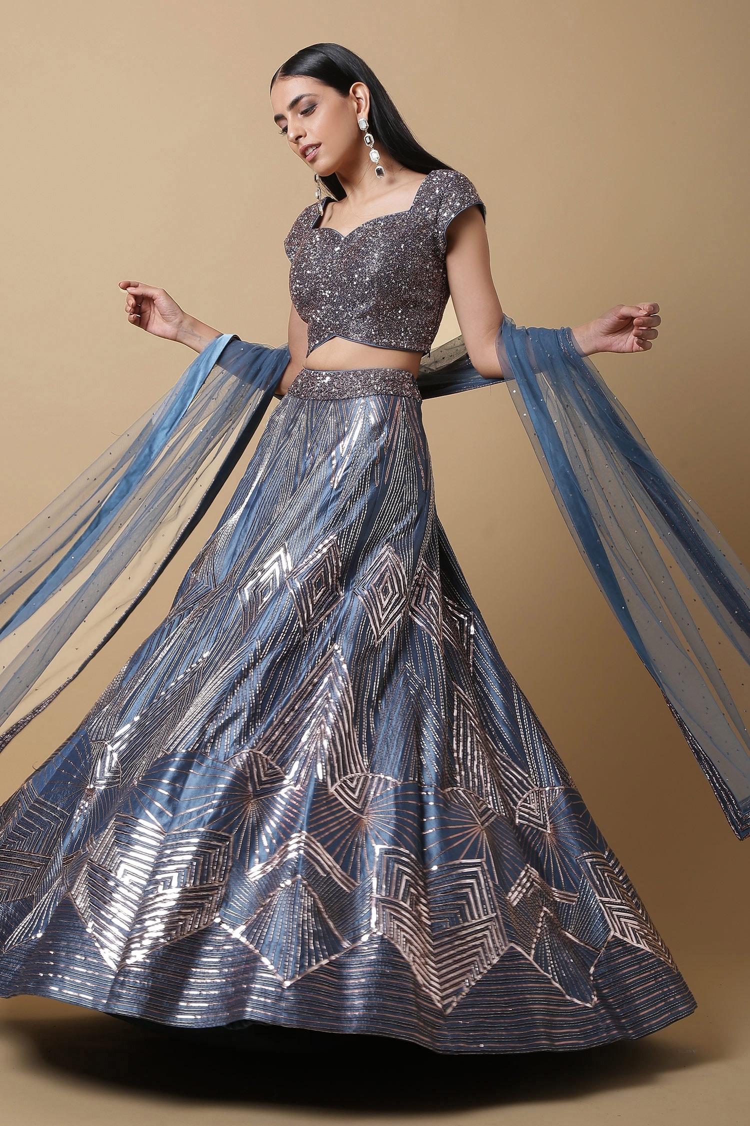 Buy Niamh By Kriti Blue Net Cutdana Embroidered Lehenga Set Online ...