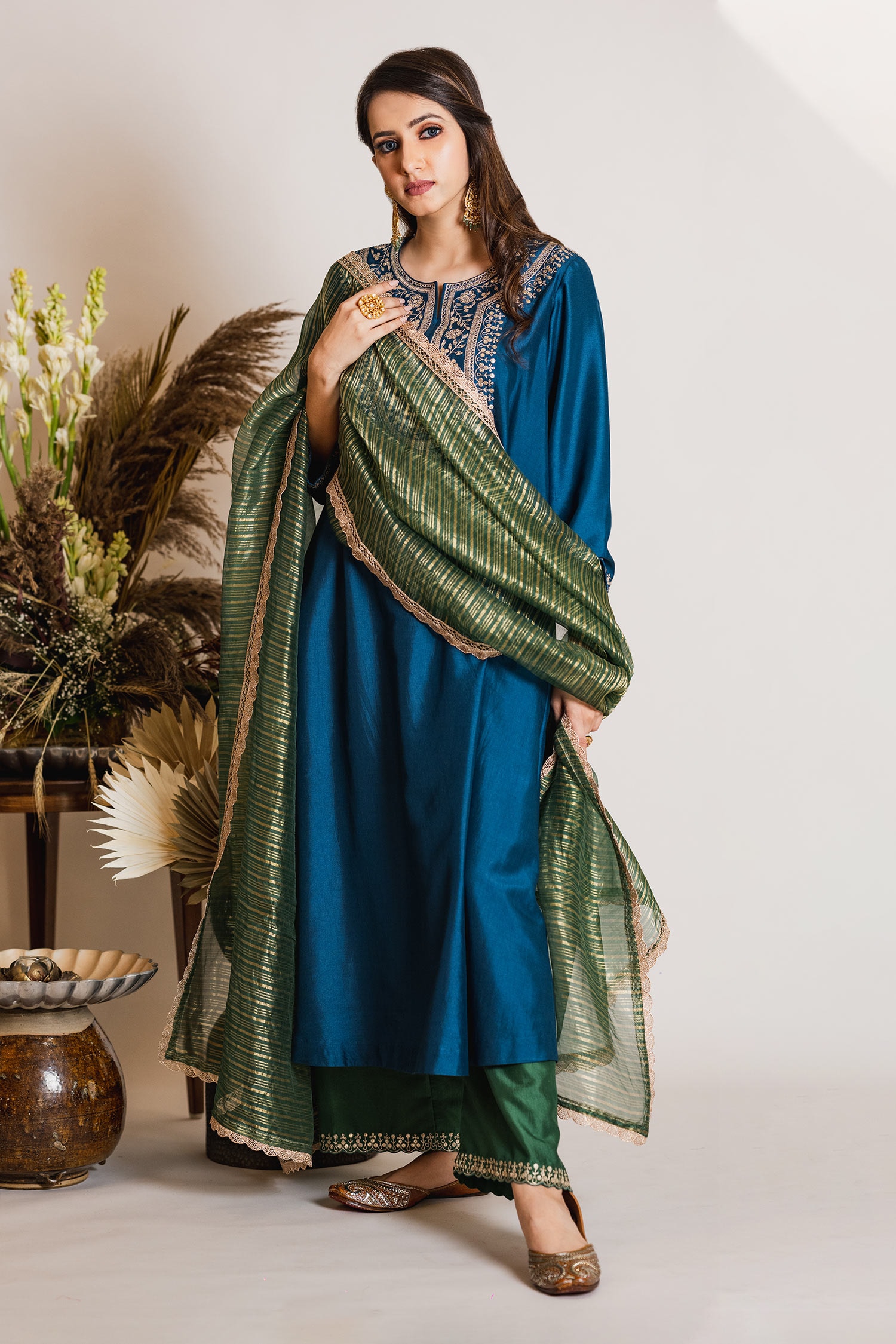 Buy Maliha by Anar and Anoli Blue Chanderi Silk Kurta Set Online | Aza ...