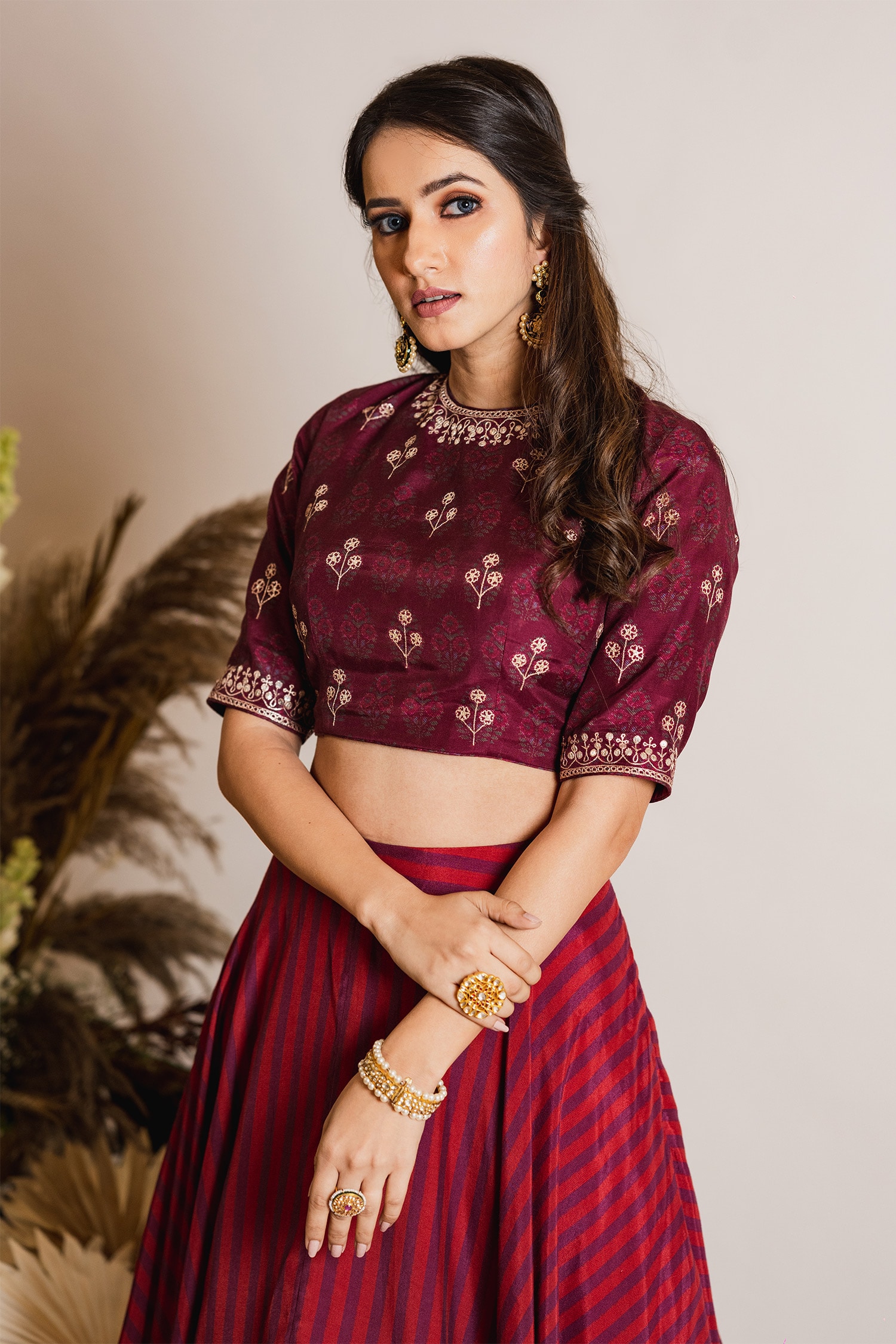 Buy Maroon Silk Square Neck Crop Top And Block Print Lehenga Set For Women  by Label Anushree Online at Aza Fashions.