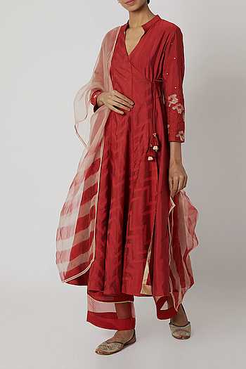 Women'S Red & Golden Foil Print Angrakha Tunic main image 1