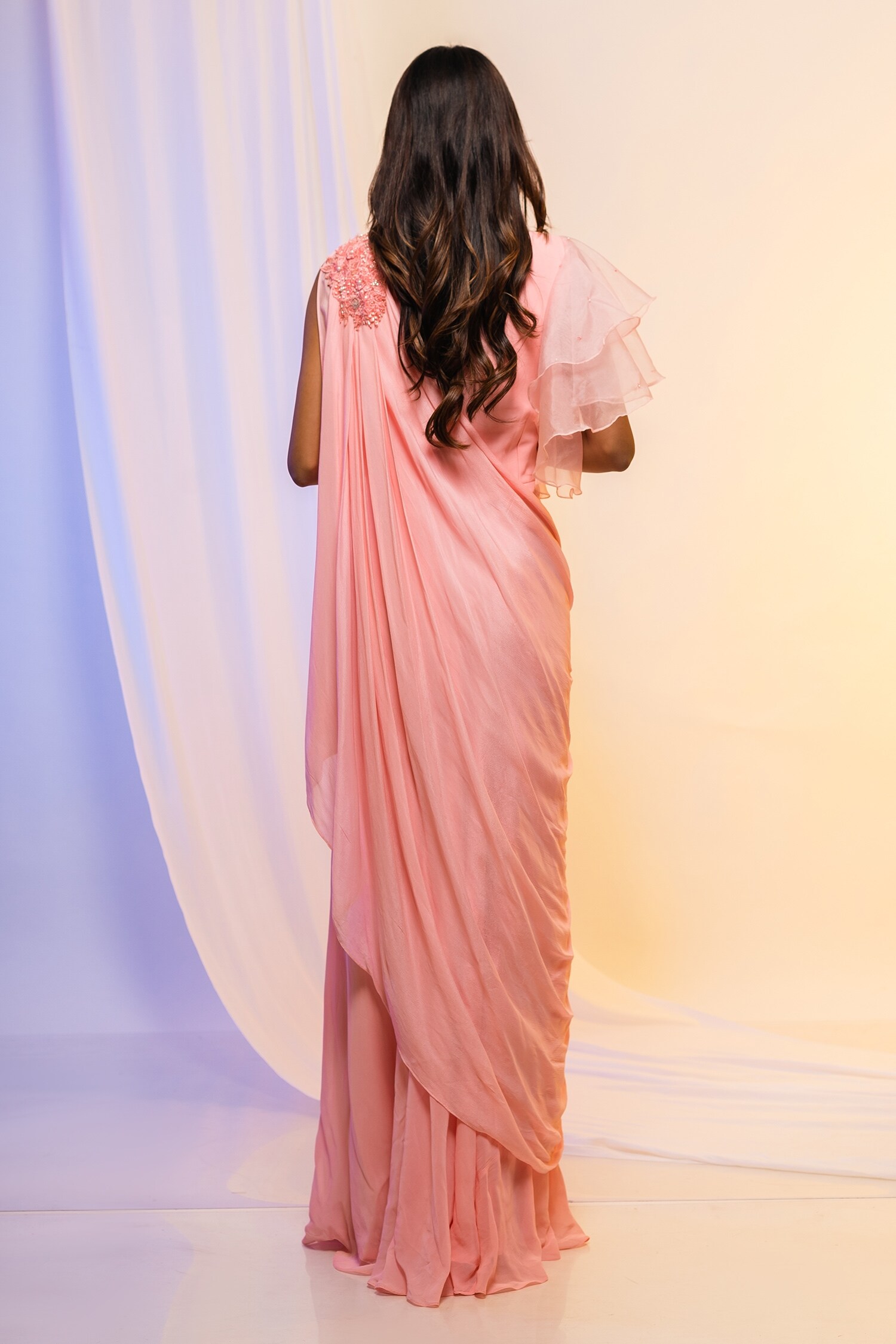 Peach Georgette Drape Dress – ADI