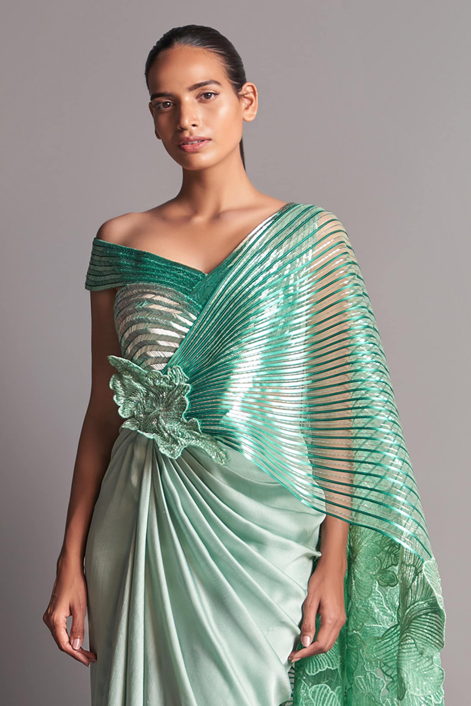 Buy Amit Aggarwal Green Tulle Metallic Pre-stitched Saree Online | Aza ...