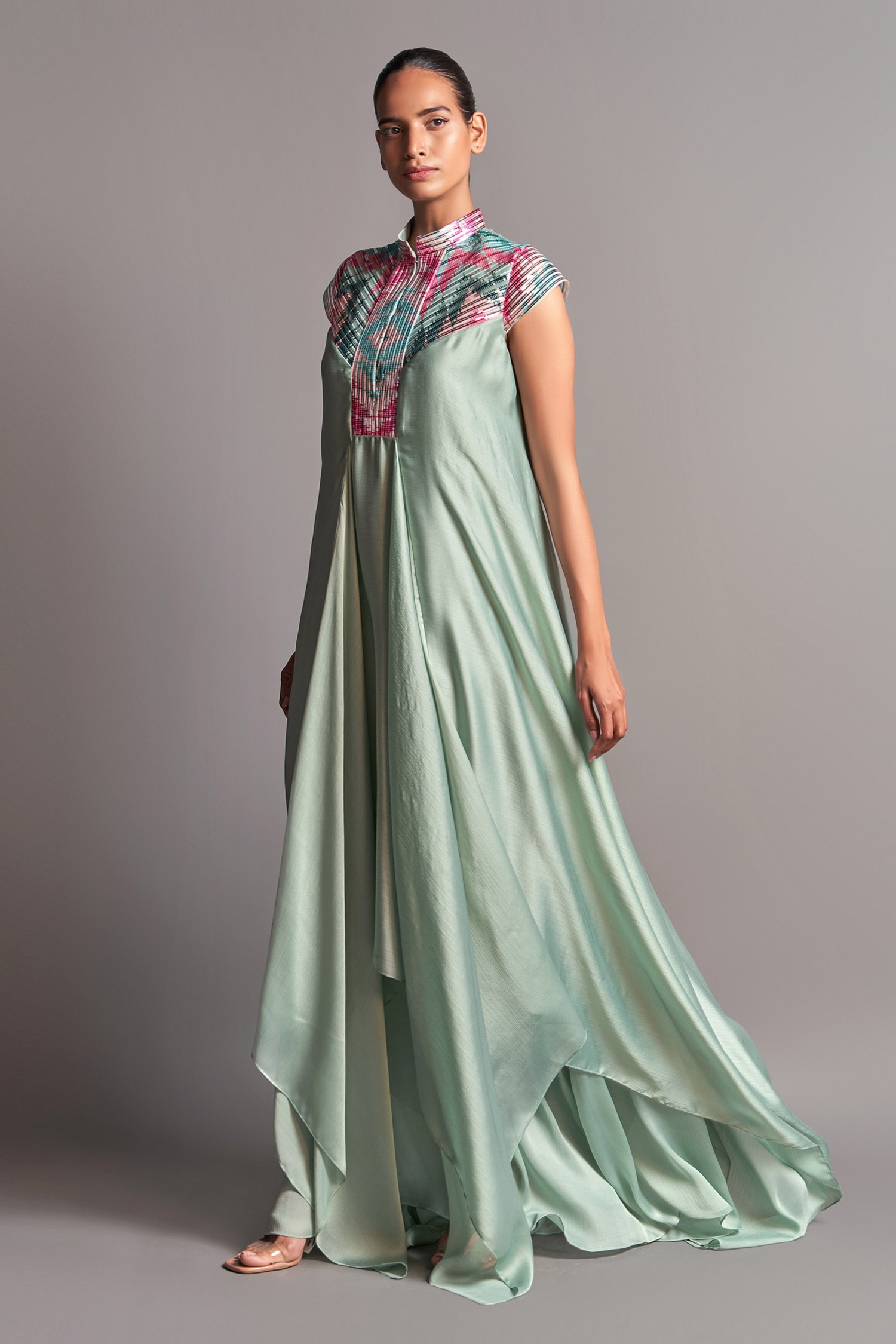 Buy Amit Aggarwal Green Metallic Draped Layered Dress Online | Aza Fashions