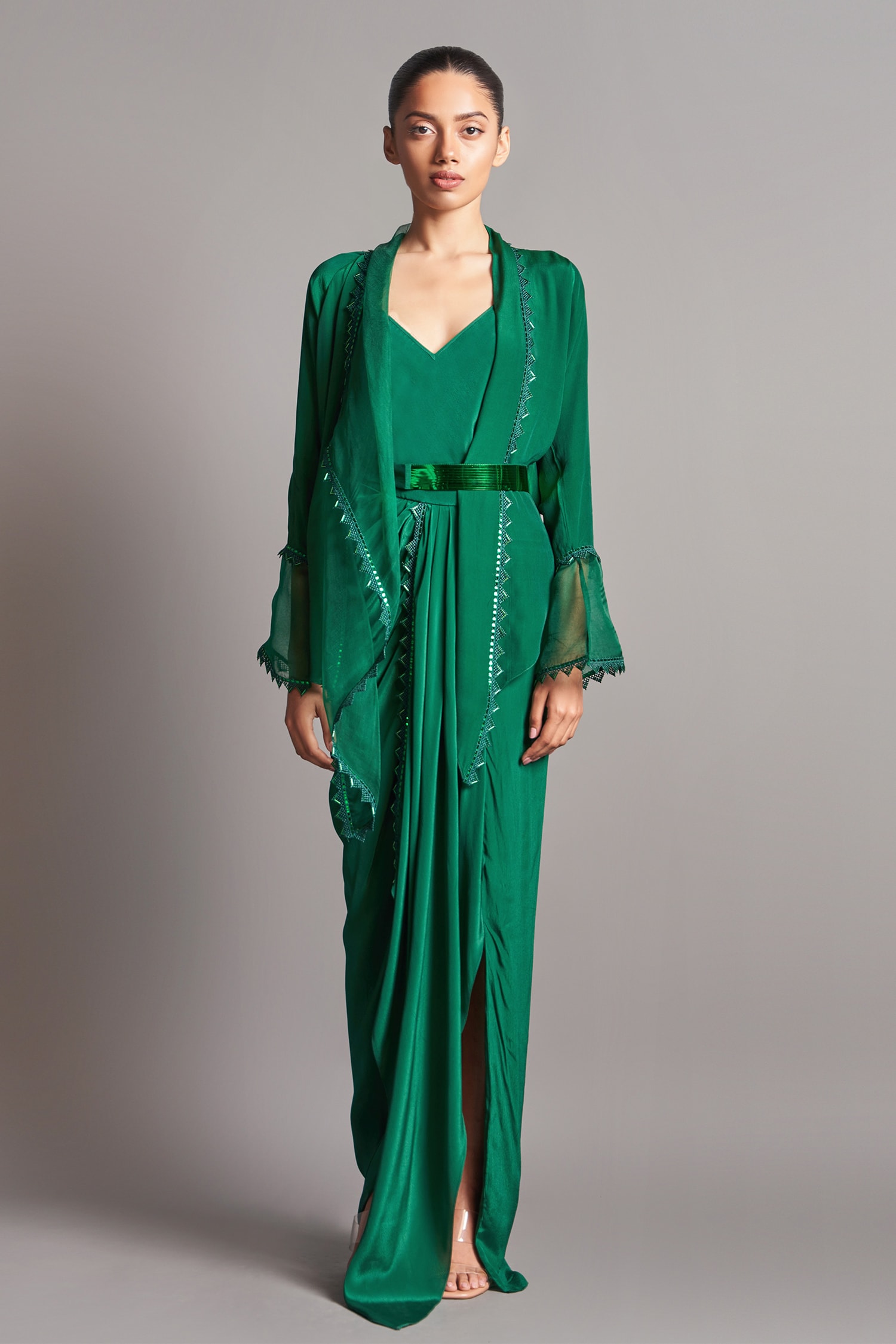Buy Amit Aggarwal Green Crepe Embroidered Cape And Draped Skirt Set ...