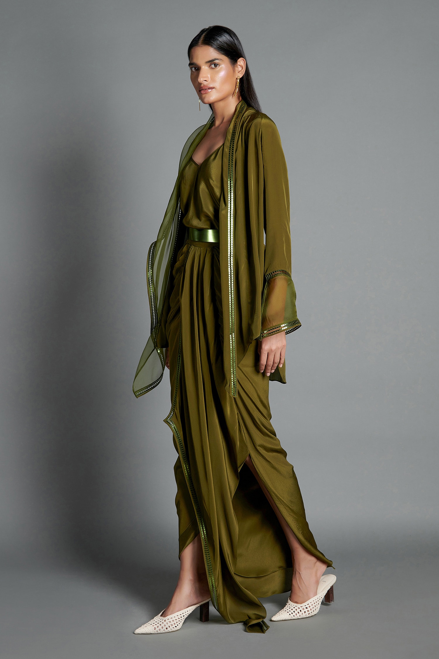 Buy Amit Aggarwal Green Viscose Georgette Cape And Draped Skirt Set ...
