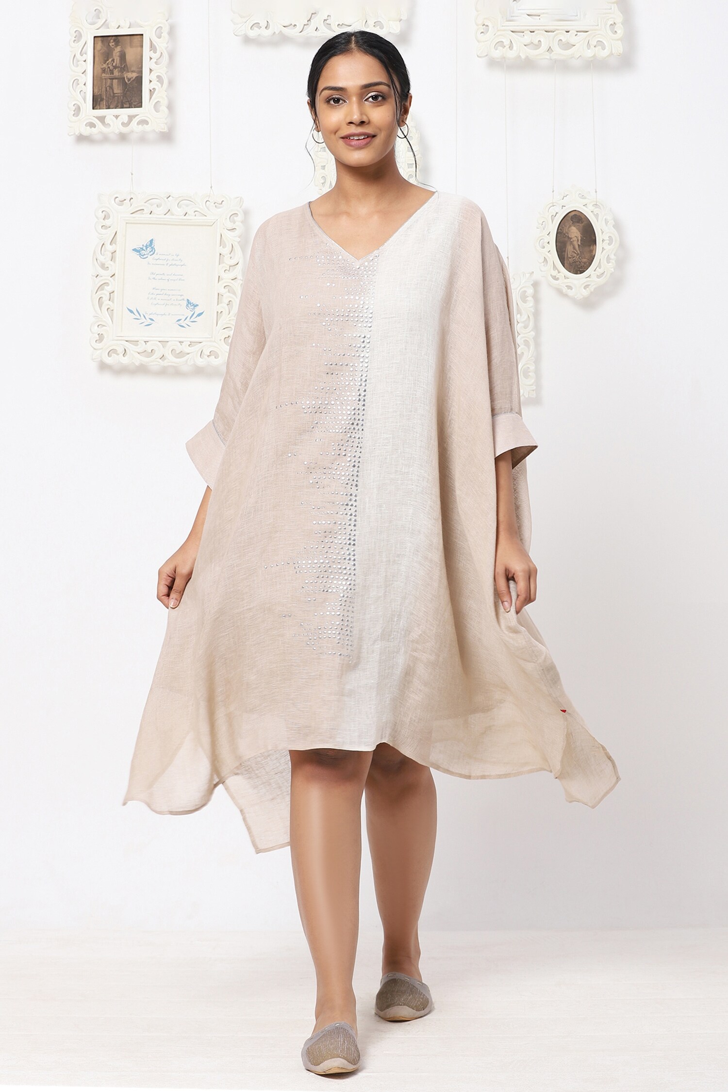 Buy Beige Linen Embellishment Studs V Neck Boxy Dress For Women by