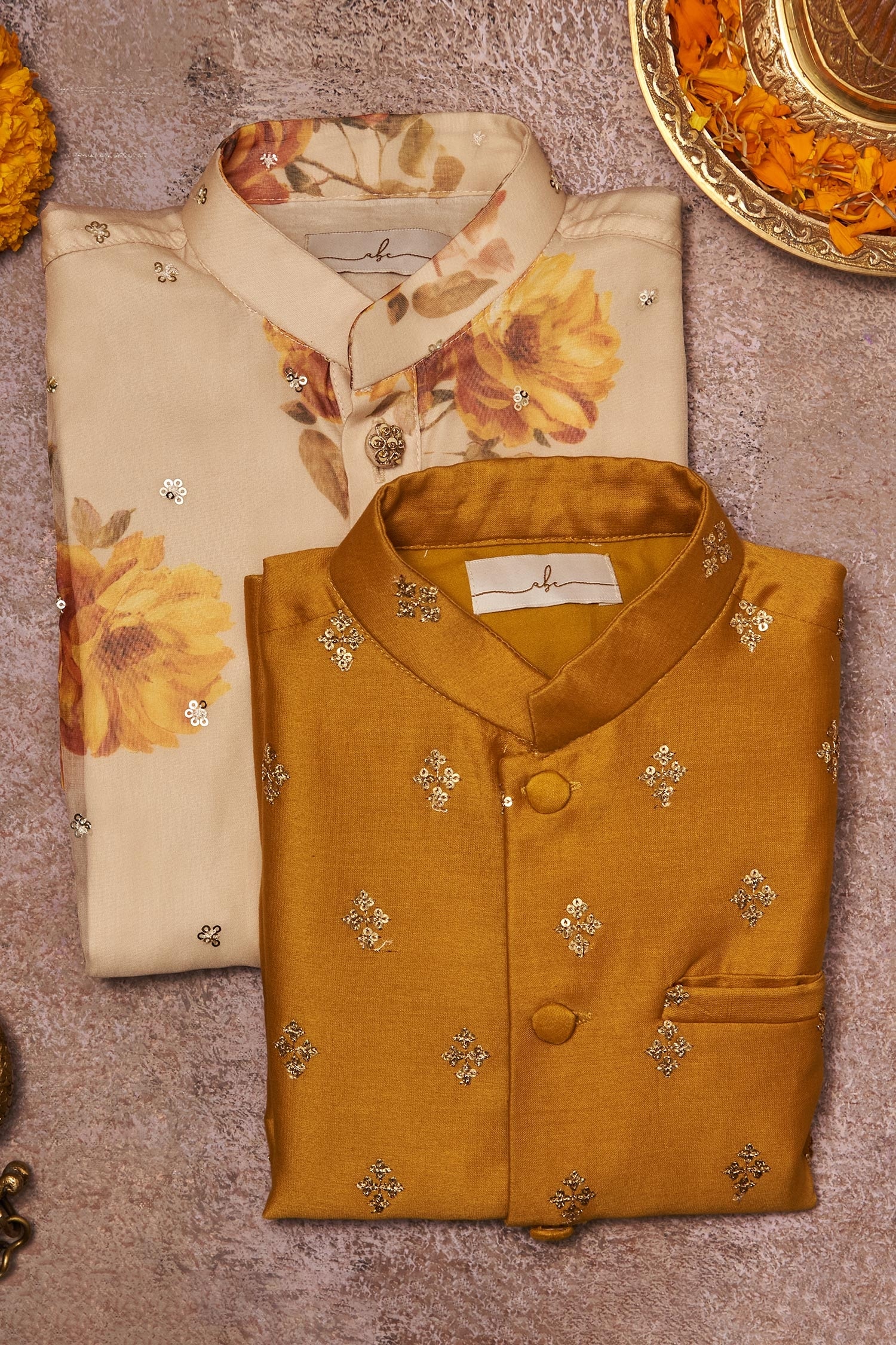 All Boy Couture Yellow Cotton Silk Printed Floral Organza Embroidered Bundi And Kurta Set For Boys