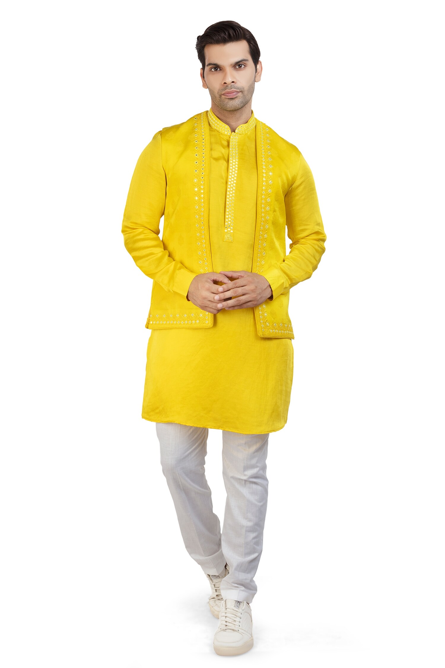 Nitesh Singh Chauhan Yellow Linen Satin Mirror Embroidered Bundi And Kurta Set