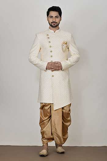 Beige Woven Sherwani And Dhoti Pant Set 