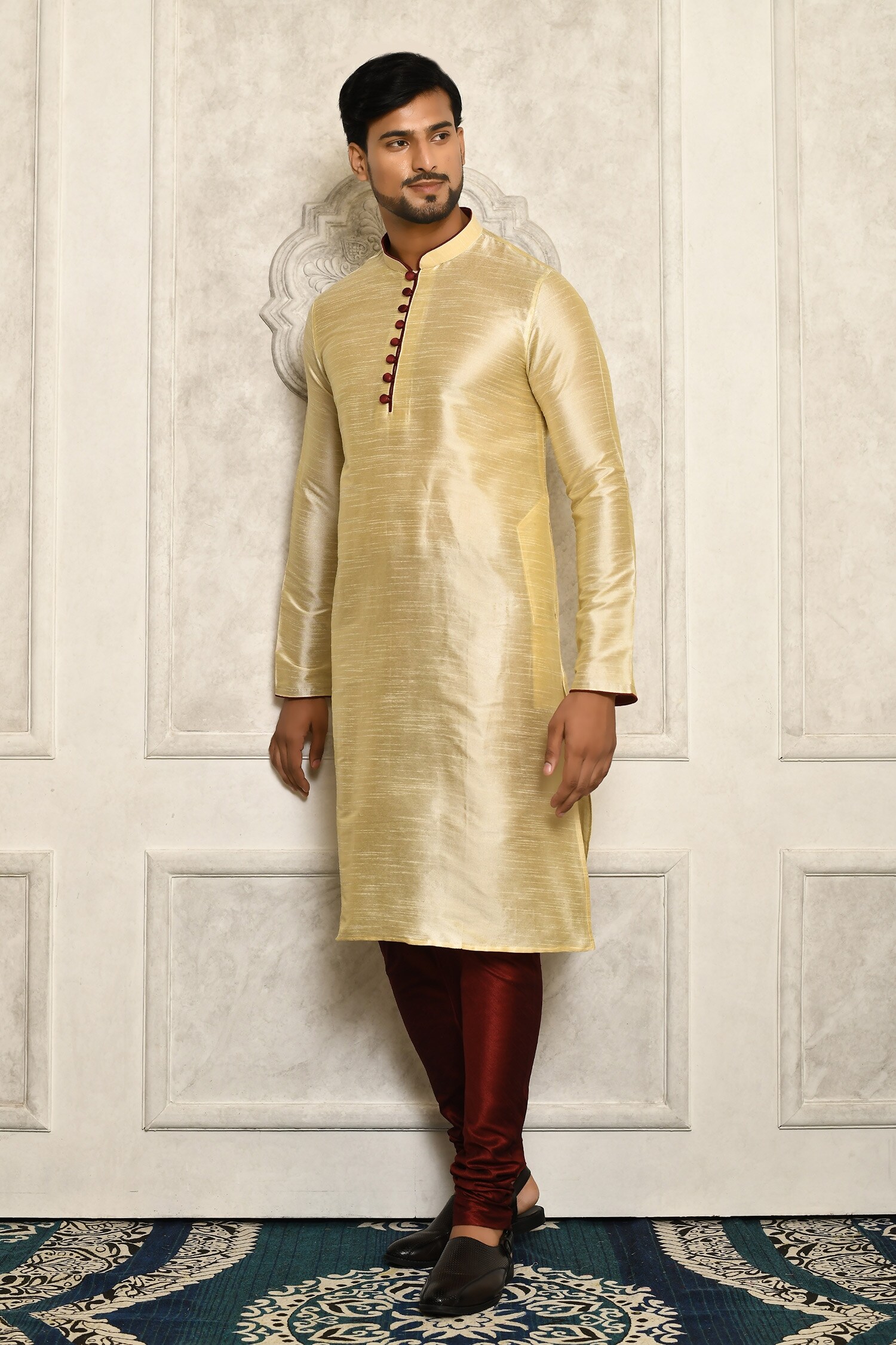 Buy Aryavir Malhotra Green Dupion Art Silk Band Collar Kurta Set Online