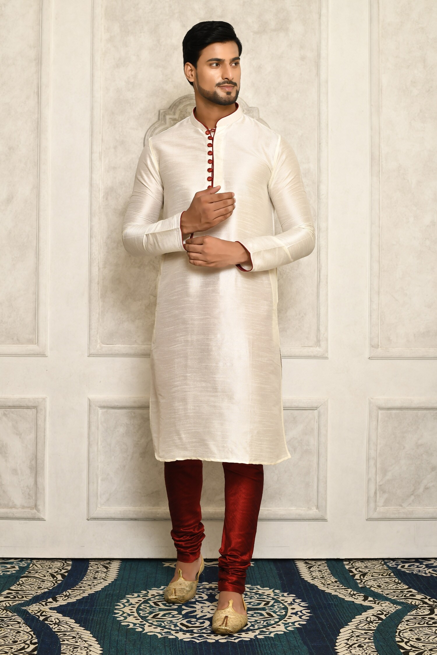 Buy Aryavir Malhotra Cream Solid Full Sleeve Kurta Set Online Aza