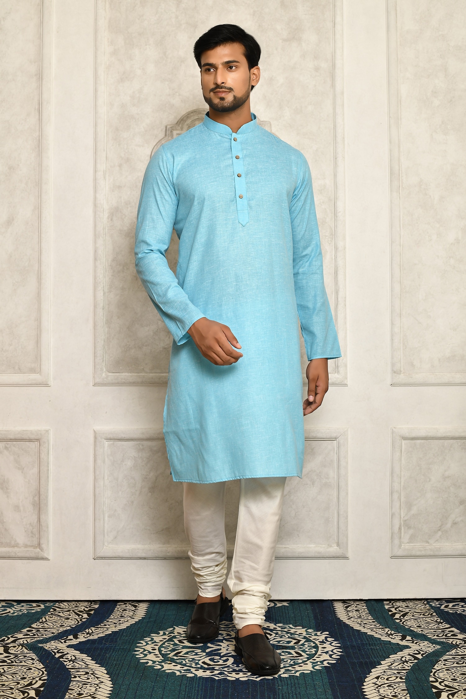 Aryavir Malhotra Sky Blue Cotton Solid Pastel Straight Kurta For Men