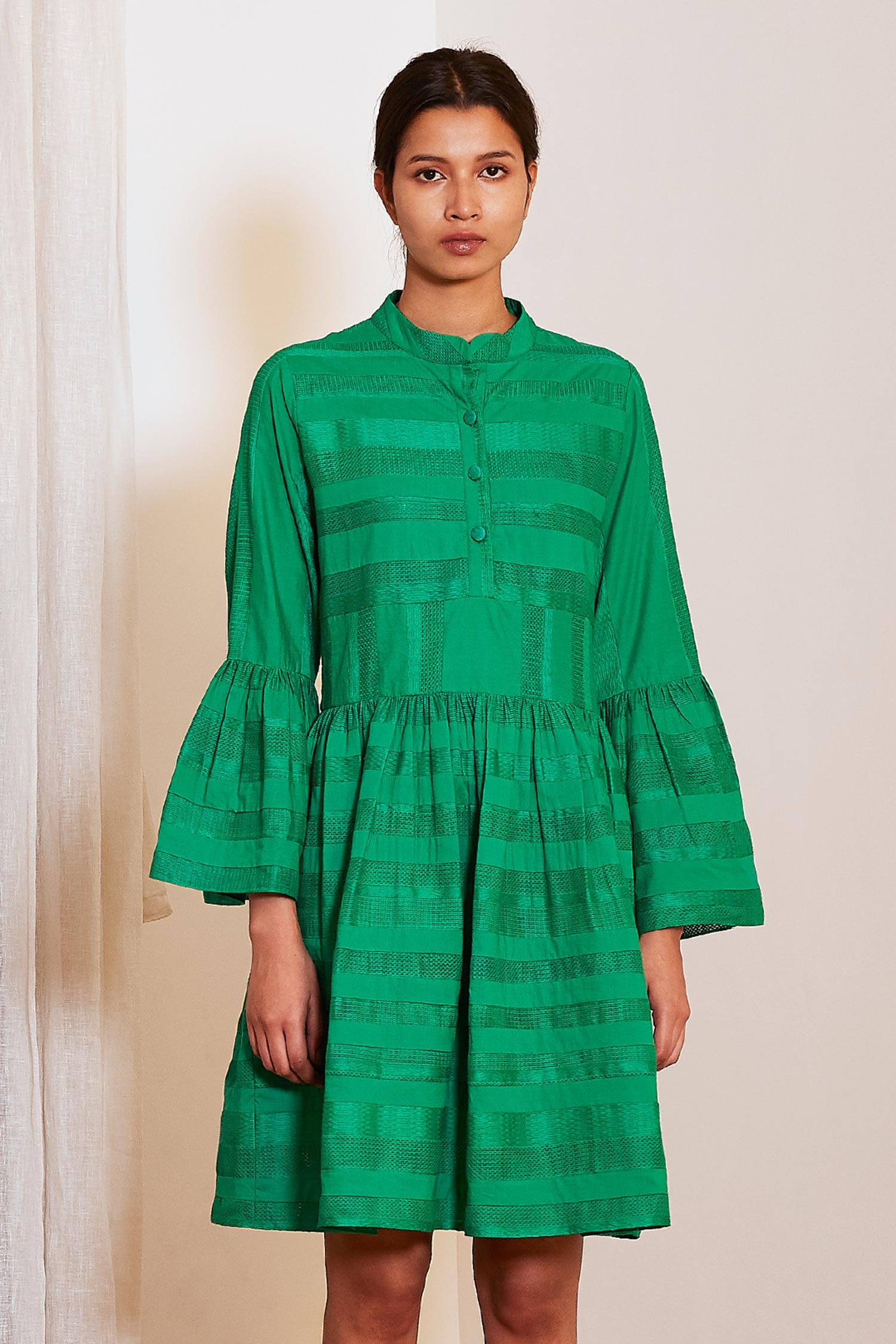 Buy Green Cotton Mandarin Collar Stripe Applique Dress For Women by ...