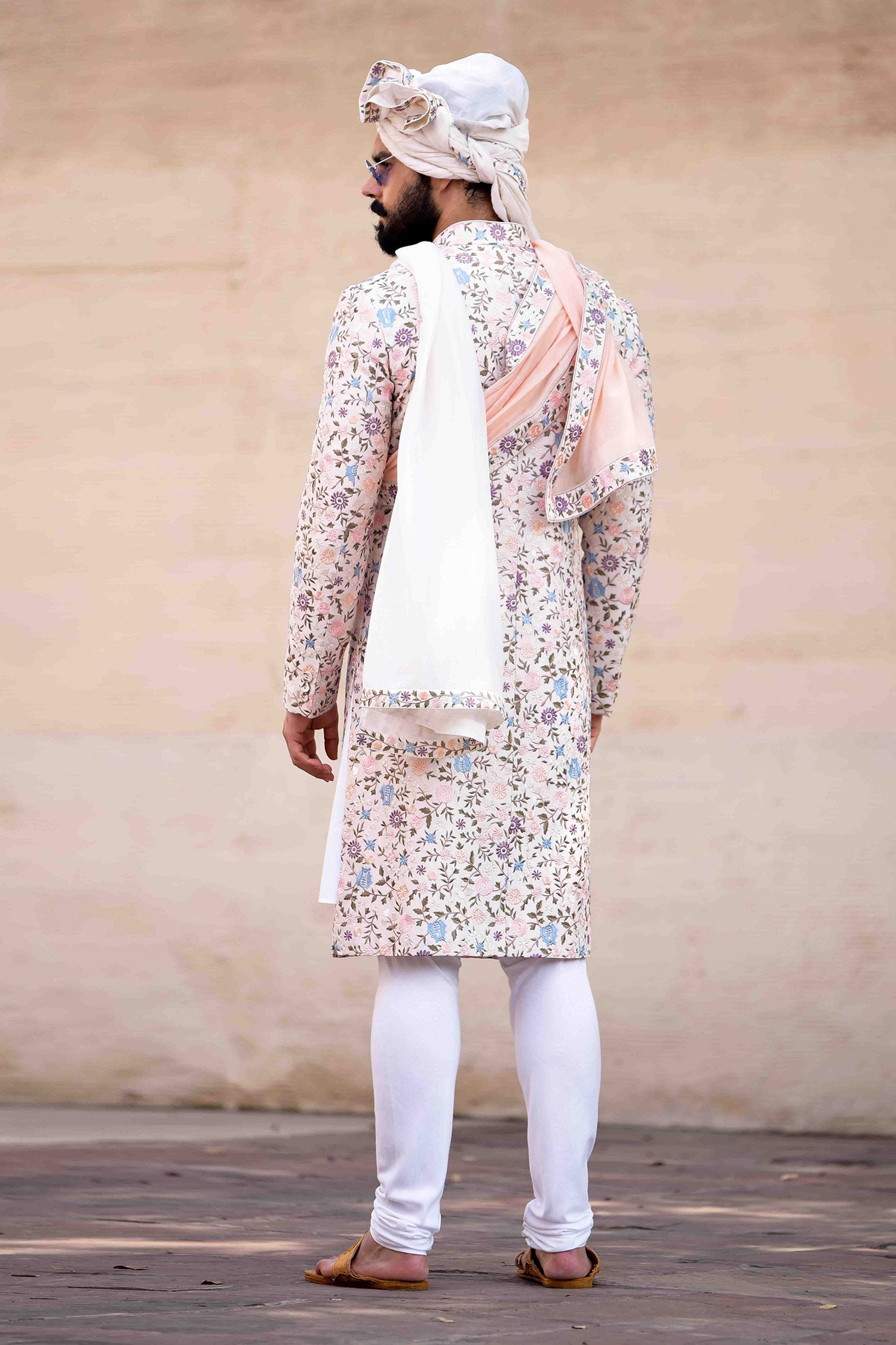 navi blue sherwani with Hand embroidered collar, Paired with Printed D