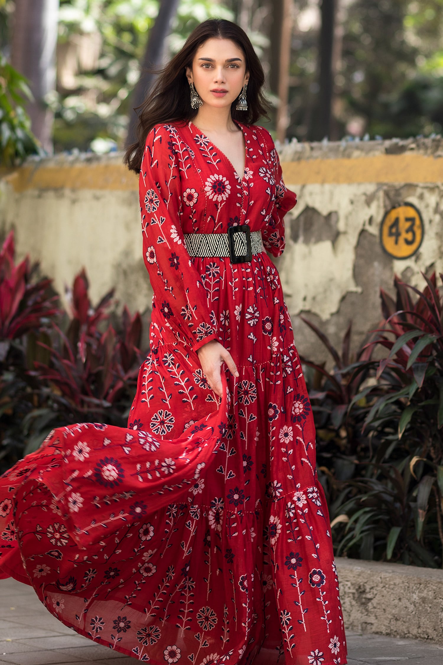 Buy Red Cotton Silk V Neck Printed Tiered Maxi Dress For Women by Payal ...