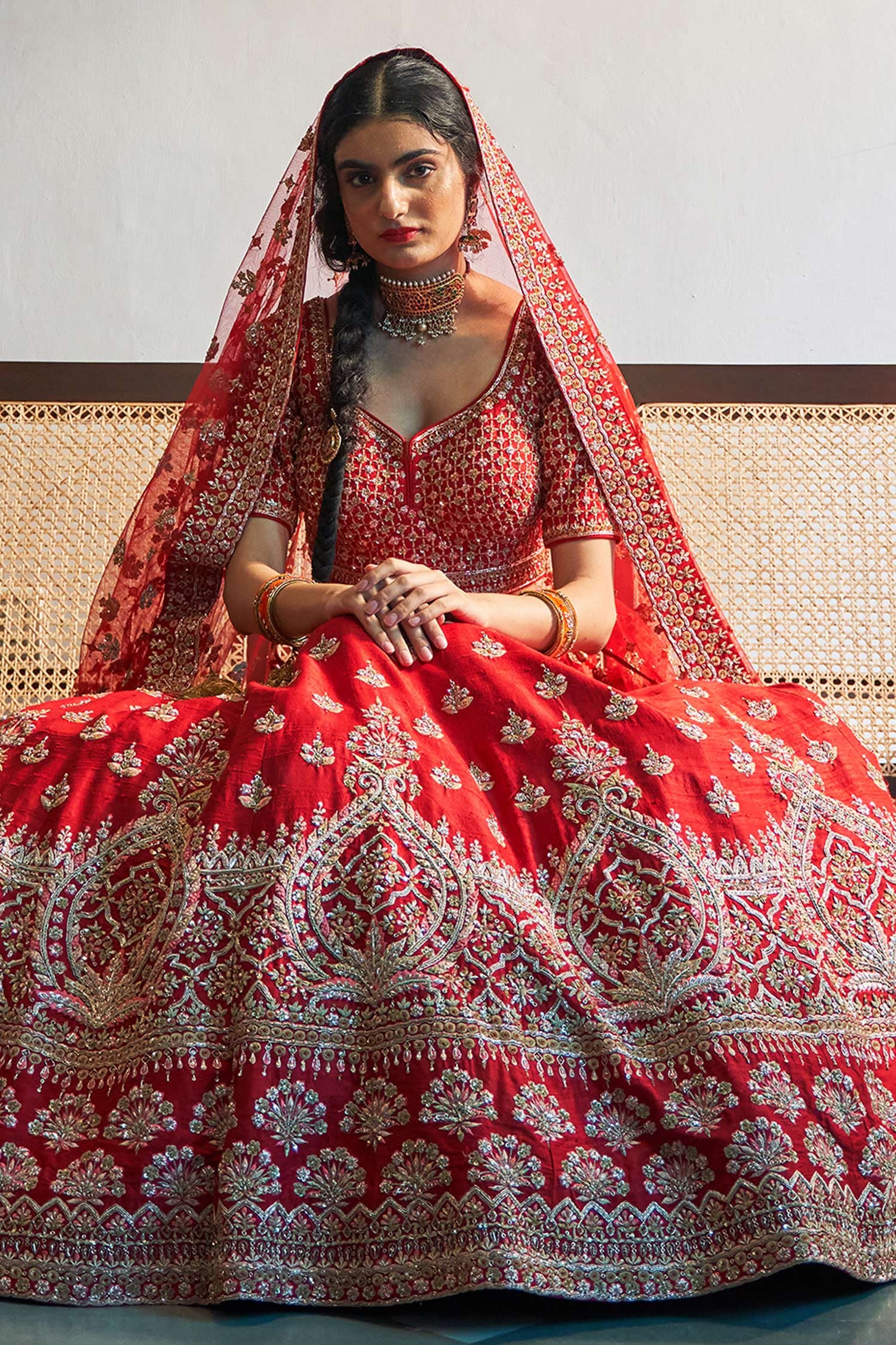 Buy Red Lehenga And Blouse Raw Silk V Neck Embroidered Bridal Set