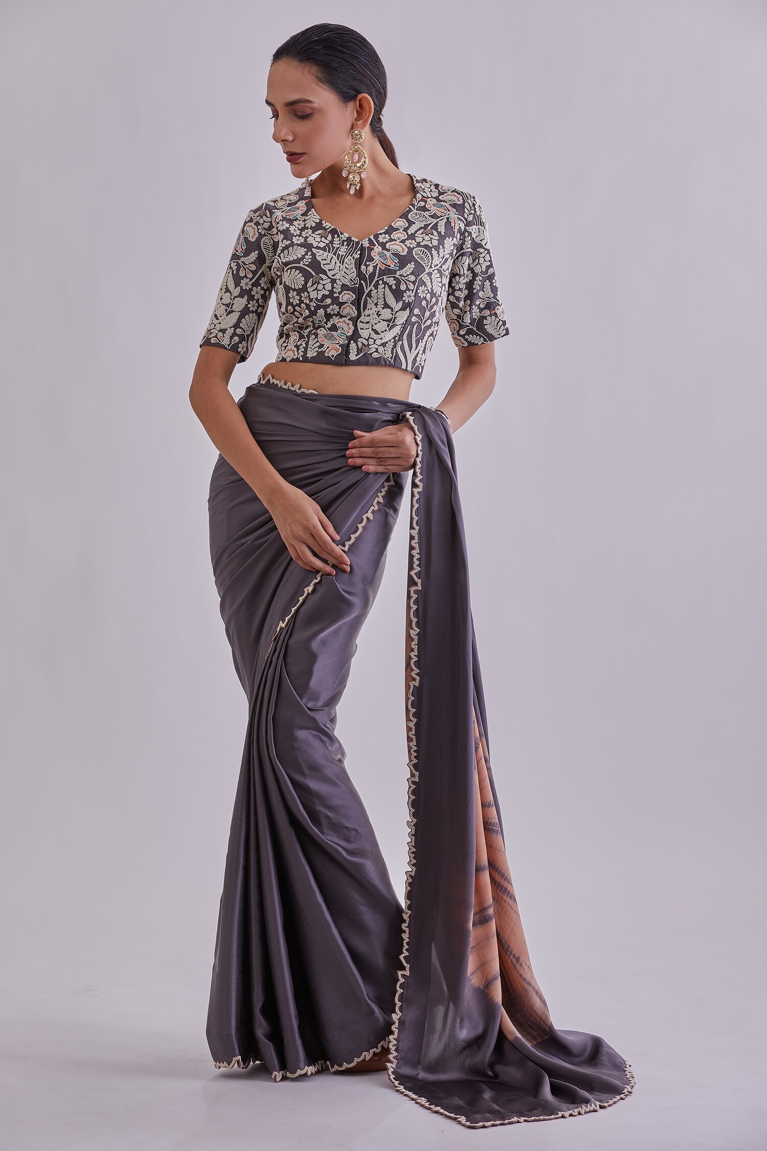 Buy Alok & Harsh Grey Satin Georgette Embroidered Saree With Blouse ...