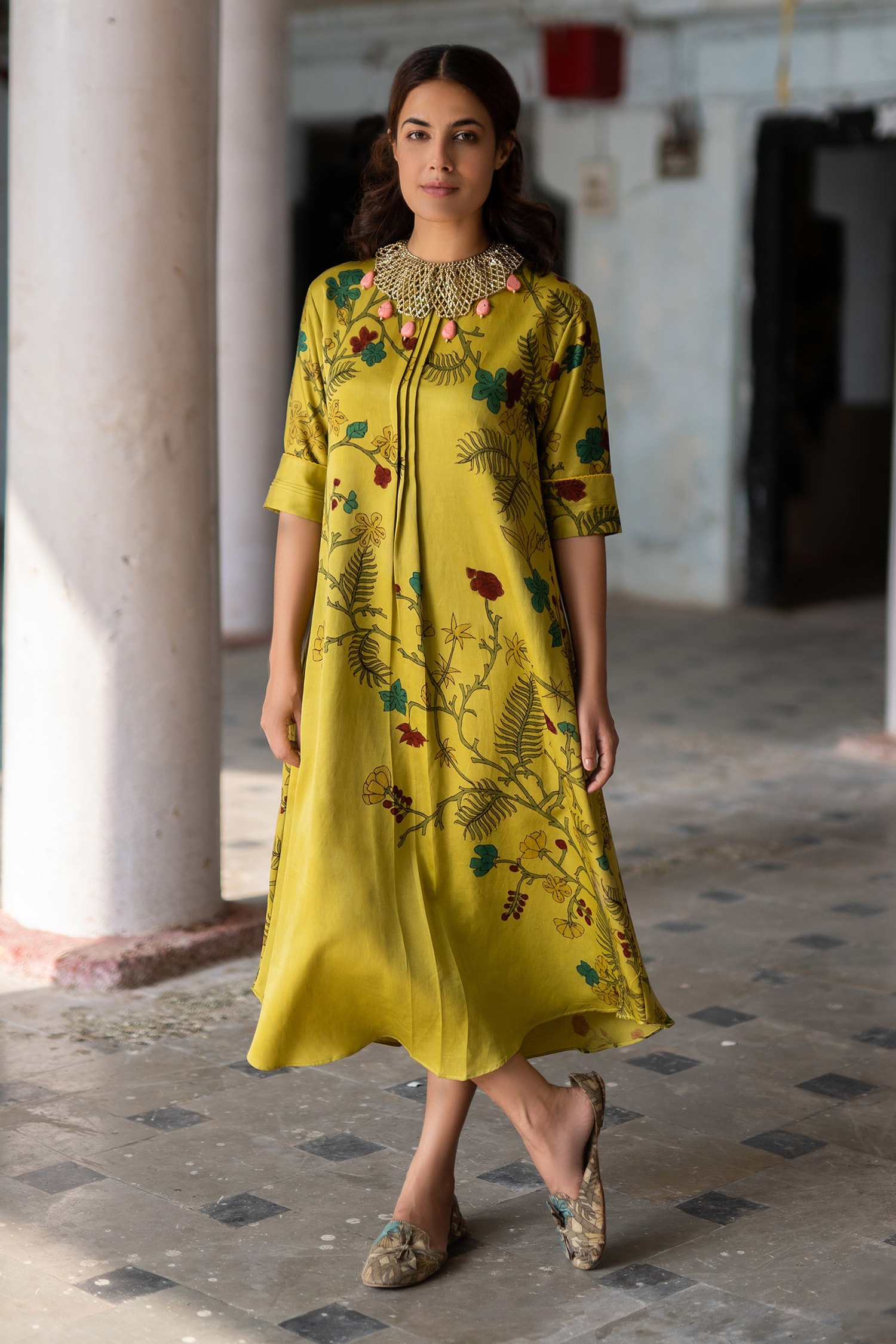 Buy Yellow Bamberg Silk Embroidery Round Printed Dress For Women by ...