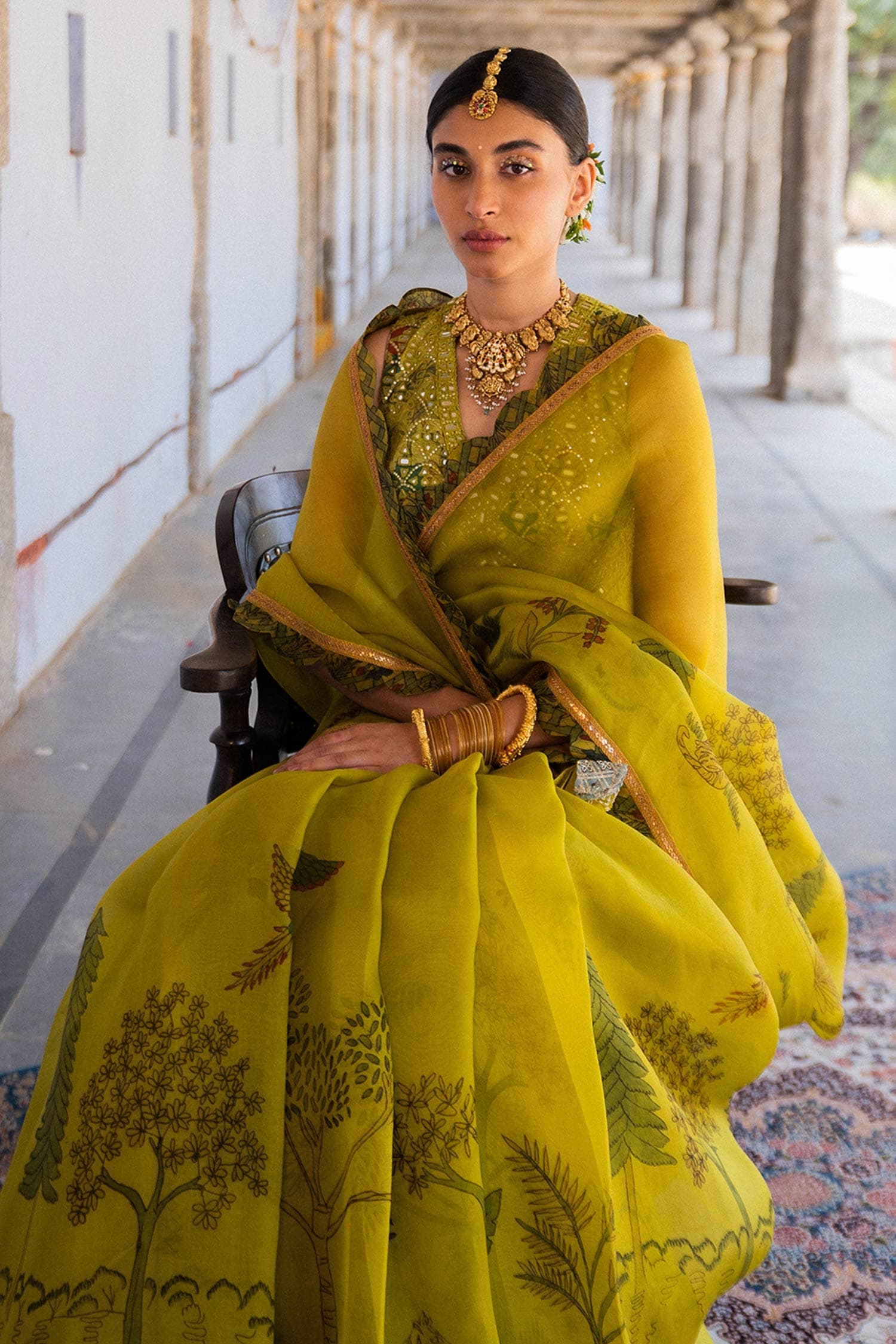 Buy Yellow Saree Pure Silk Embroidered Mirror V Kalamkari With Blouse ...