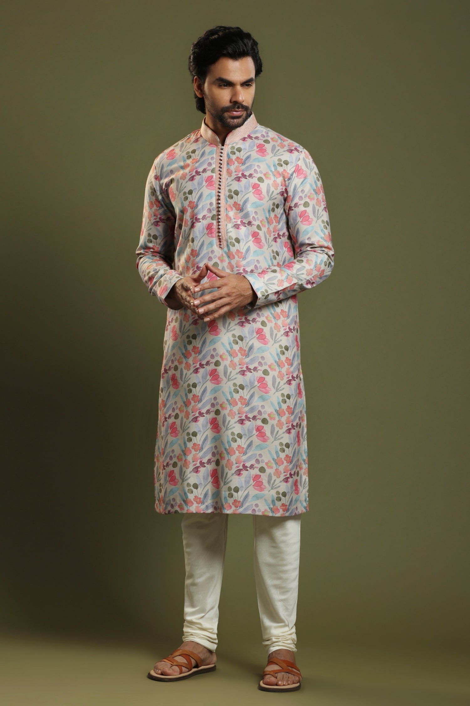 Buy Multi Color Pashmina Silk Printed Paisley Floral Kurta Set For Men ...