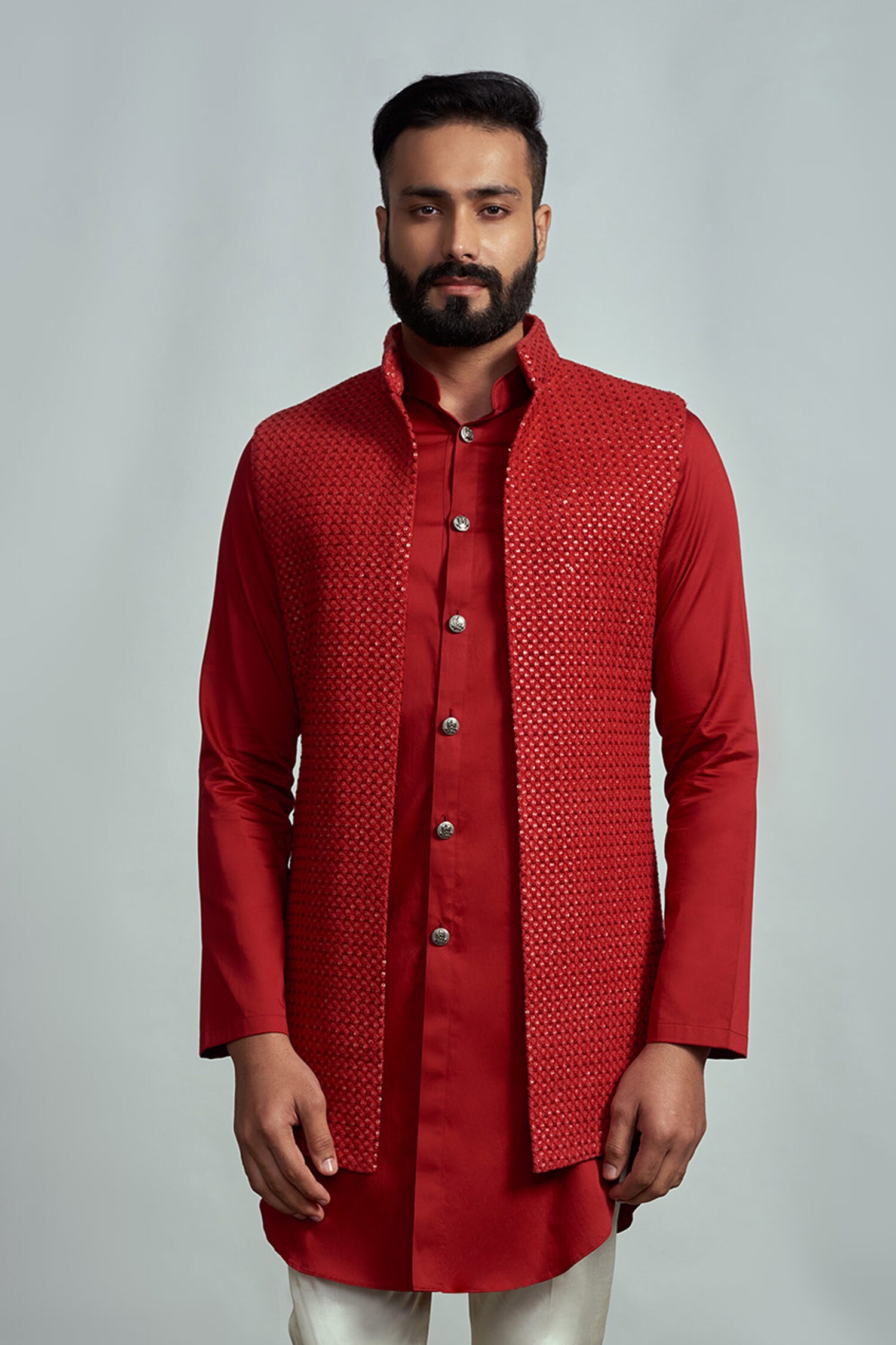 Arjun Kilachand Red Cotton Silk Embroidered Bundi And Kurta Set For Men