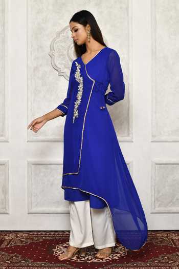 Angrakha Kurti and pant PRE-ORDER - Floral Blue Red